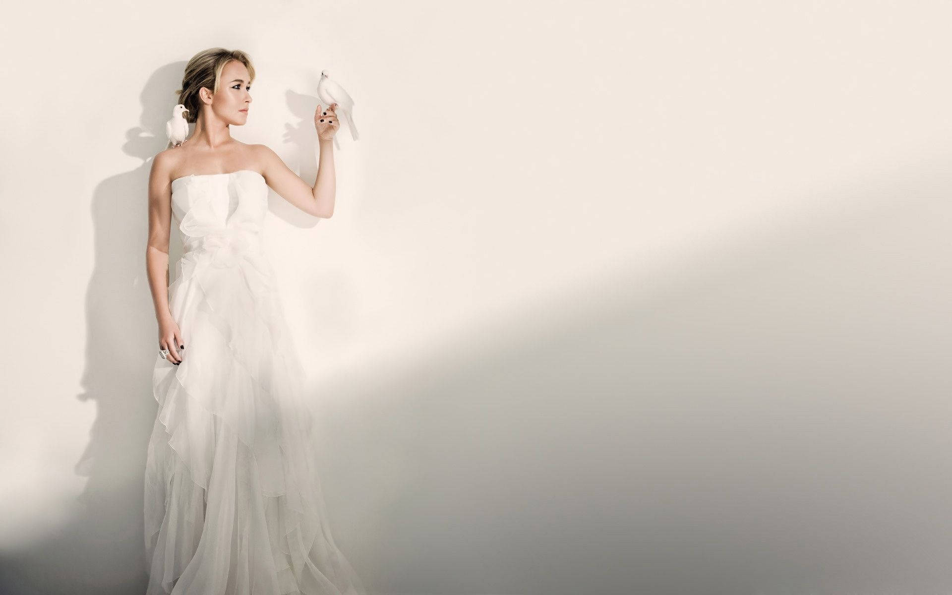 Bride, white dove, flowing white gown, Full HD Desktop Wallpaper