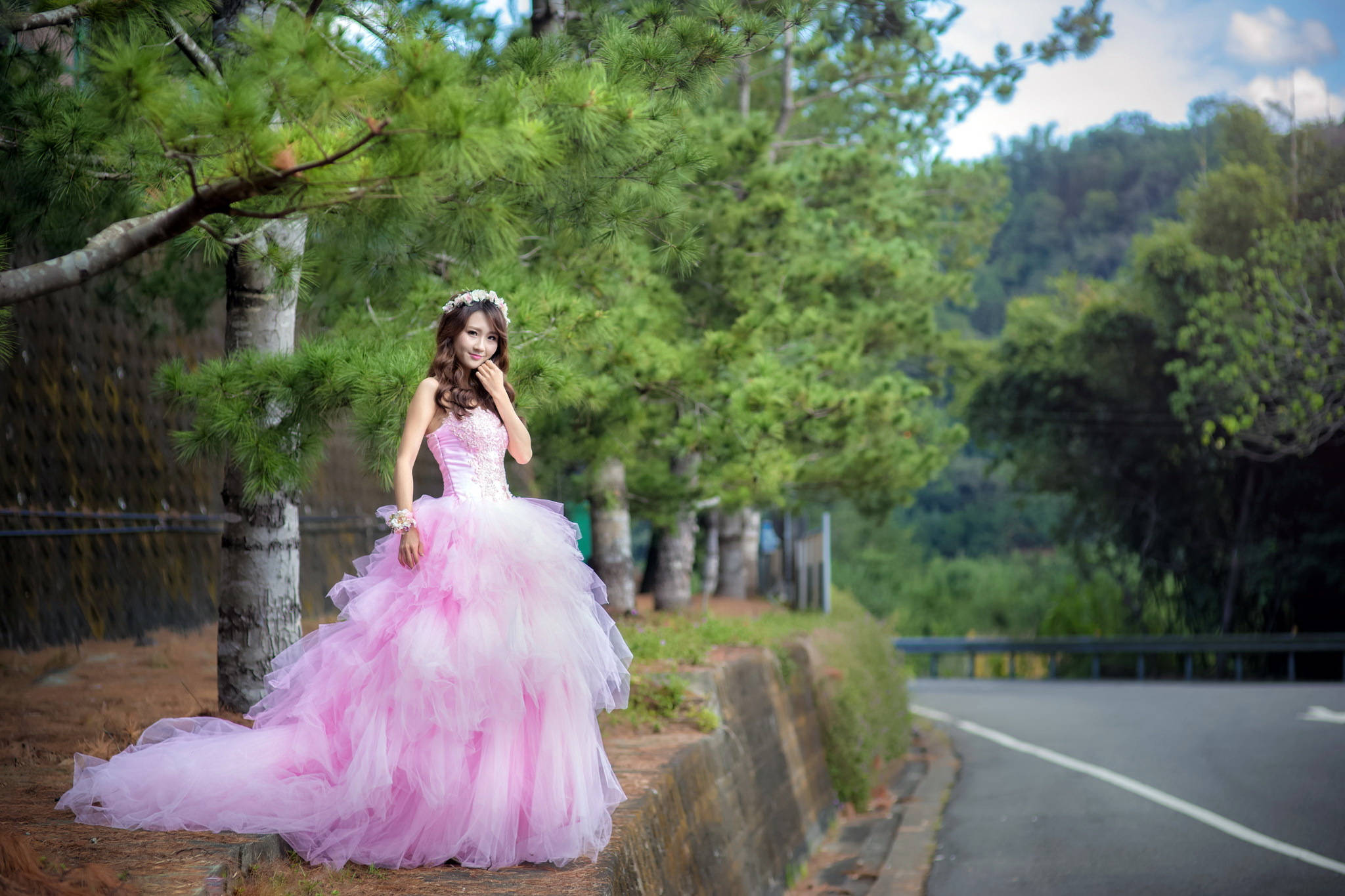 elegant bride, pink gown, pine tree, Full HD Desktop Wallpaper