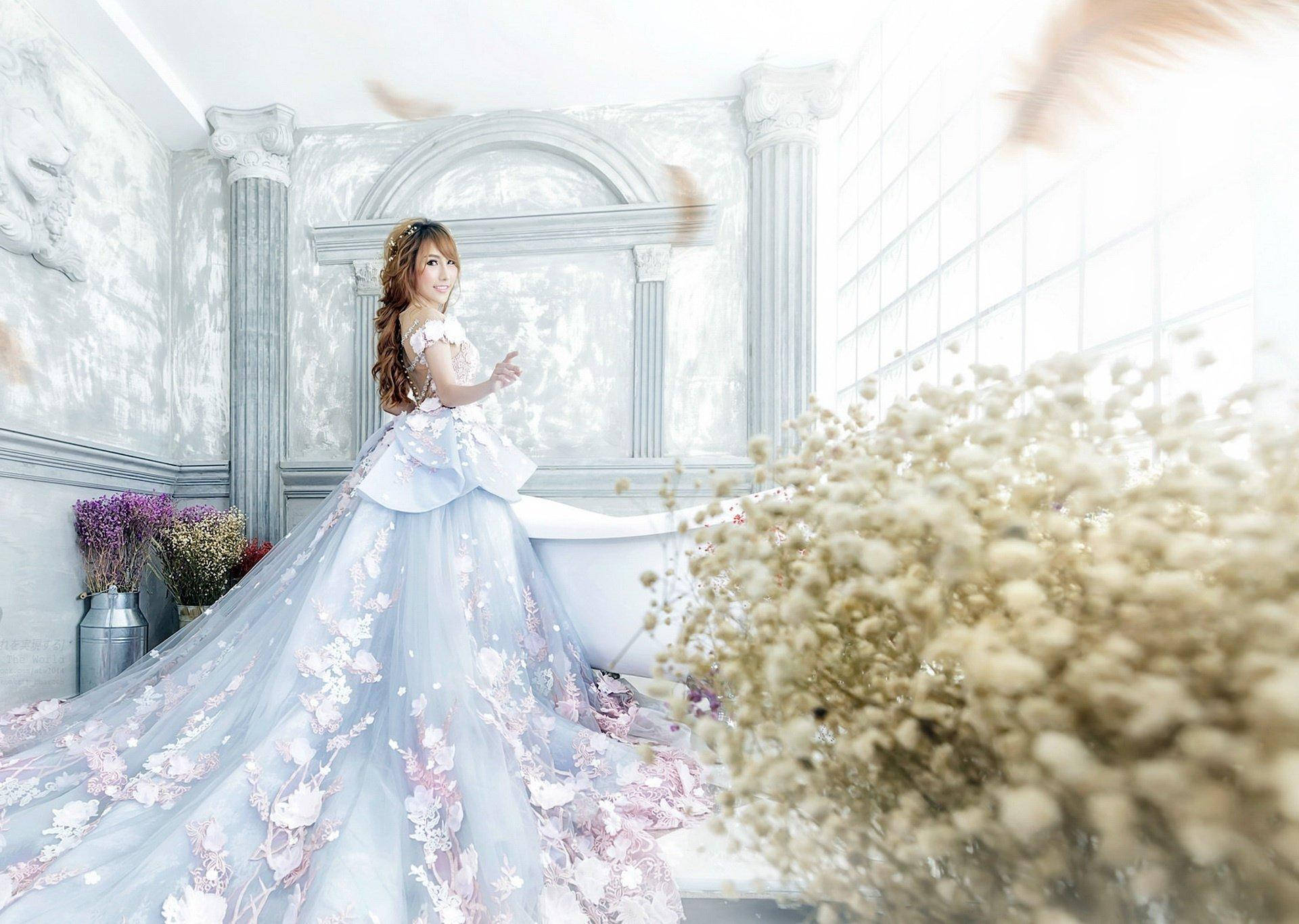 graceful bride, flowing floral gown, bright ornate bathroom, Full HD Desktop Wallpaper