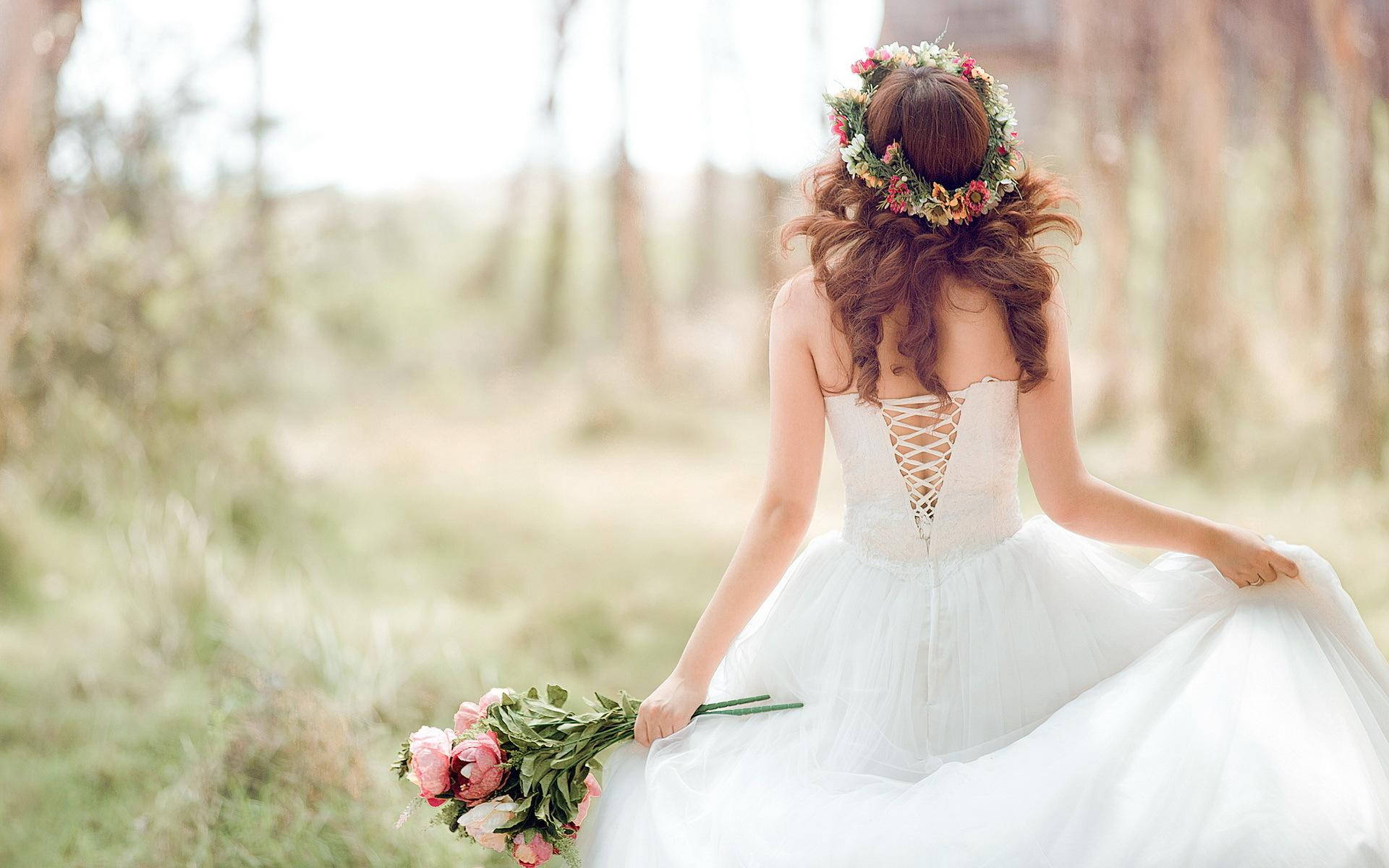 elegant bride, fashionable white gown, floral crown, Full HD Desktop Wallpaper