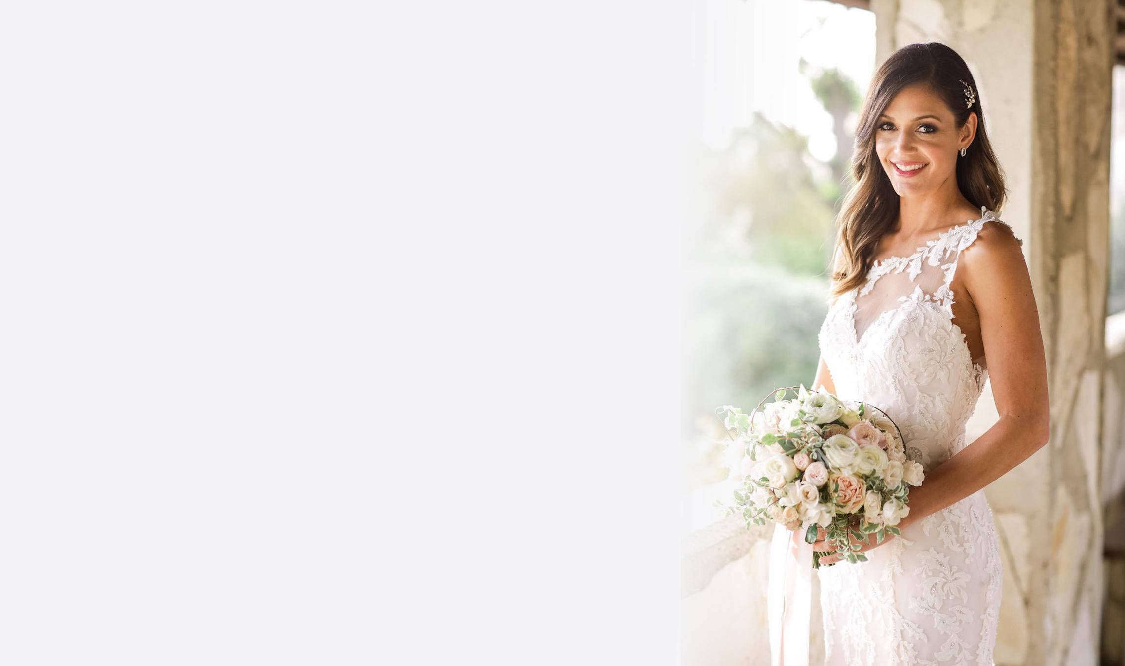white lace gown, pastel floral bouquet, bright natural light, Full HD Desktop Wallpaper