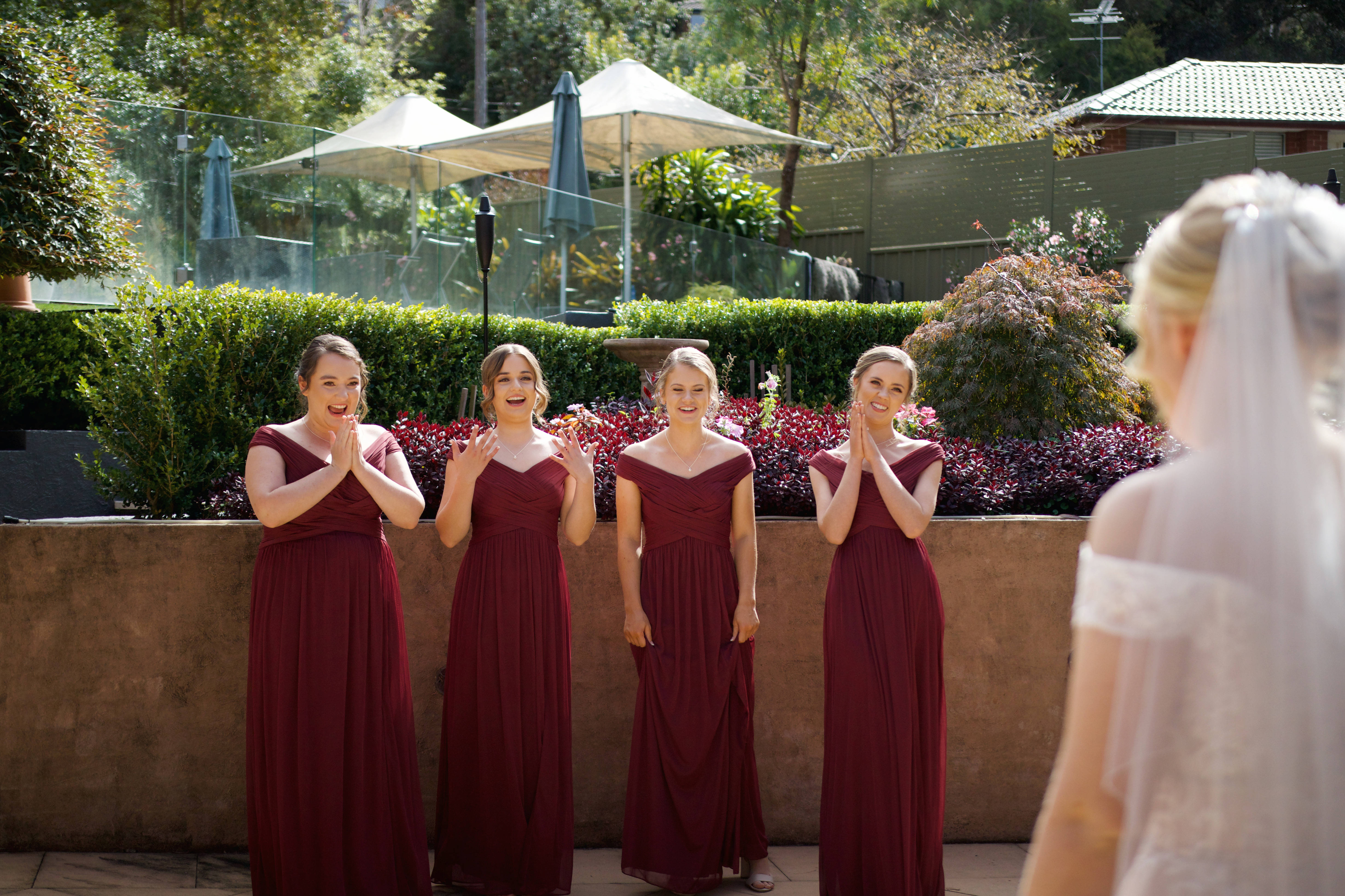 Bridesmaids, maroon gowns, bride, 5K Desktop Wallpaper
