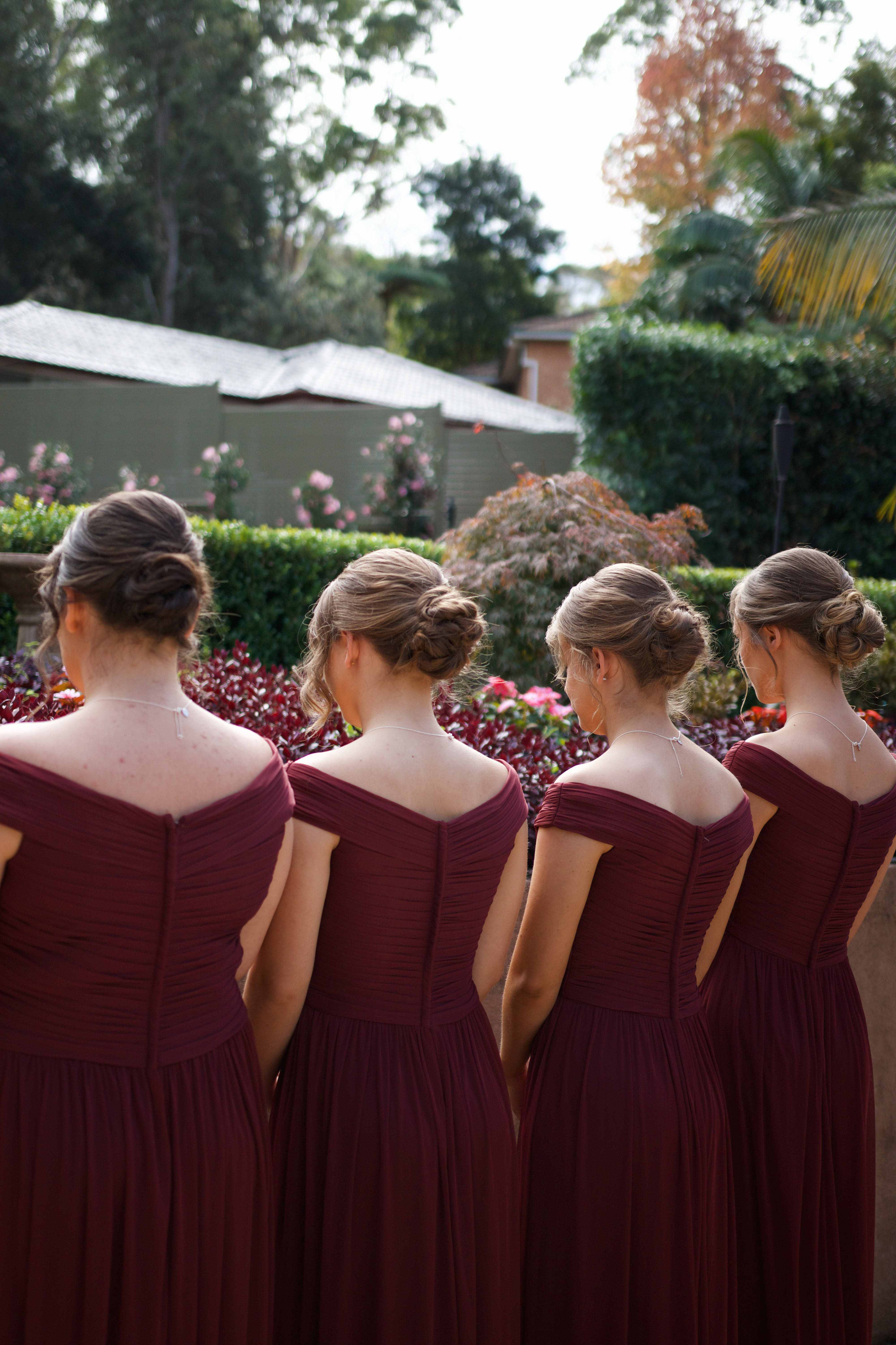 burgundy off-the-shoulder gowns, lush greenery, blooming flowers, 5K Phone Wallpaper