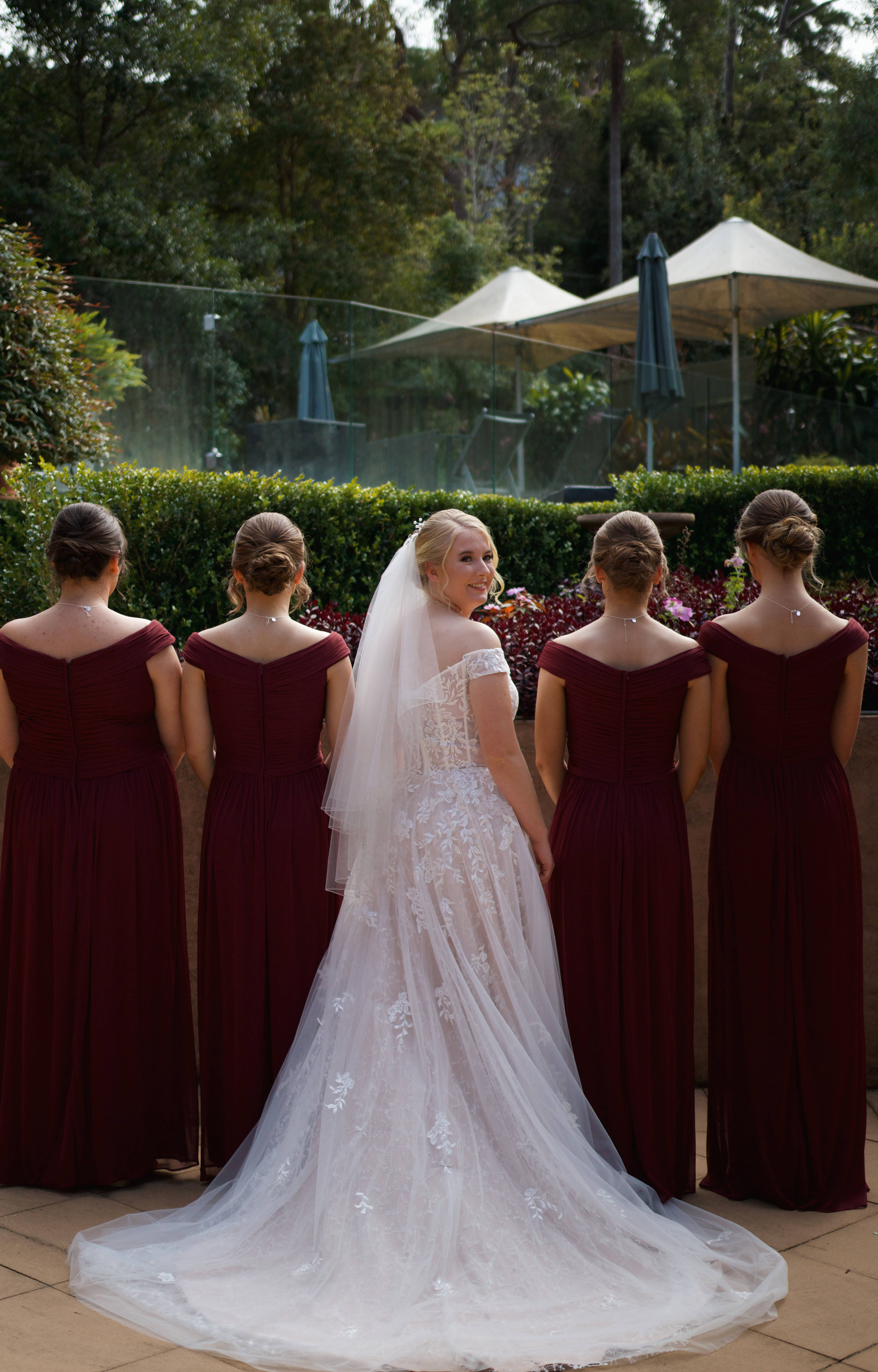 Bridesmaids, white lace gown, burgundy dresses, 5K Phone Wallpaper