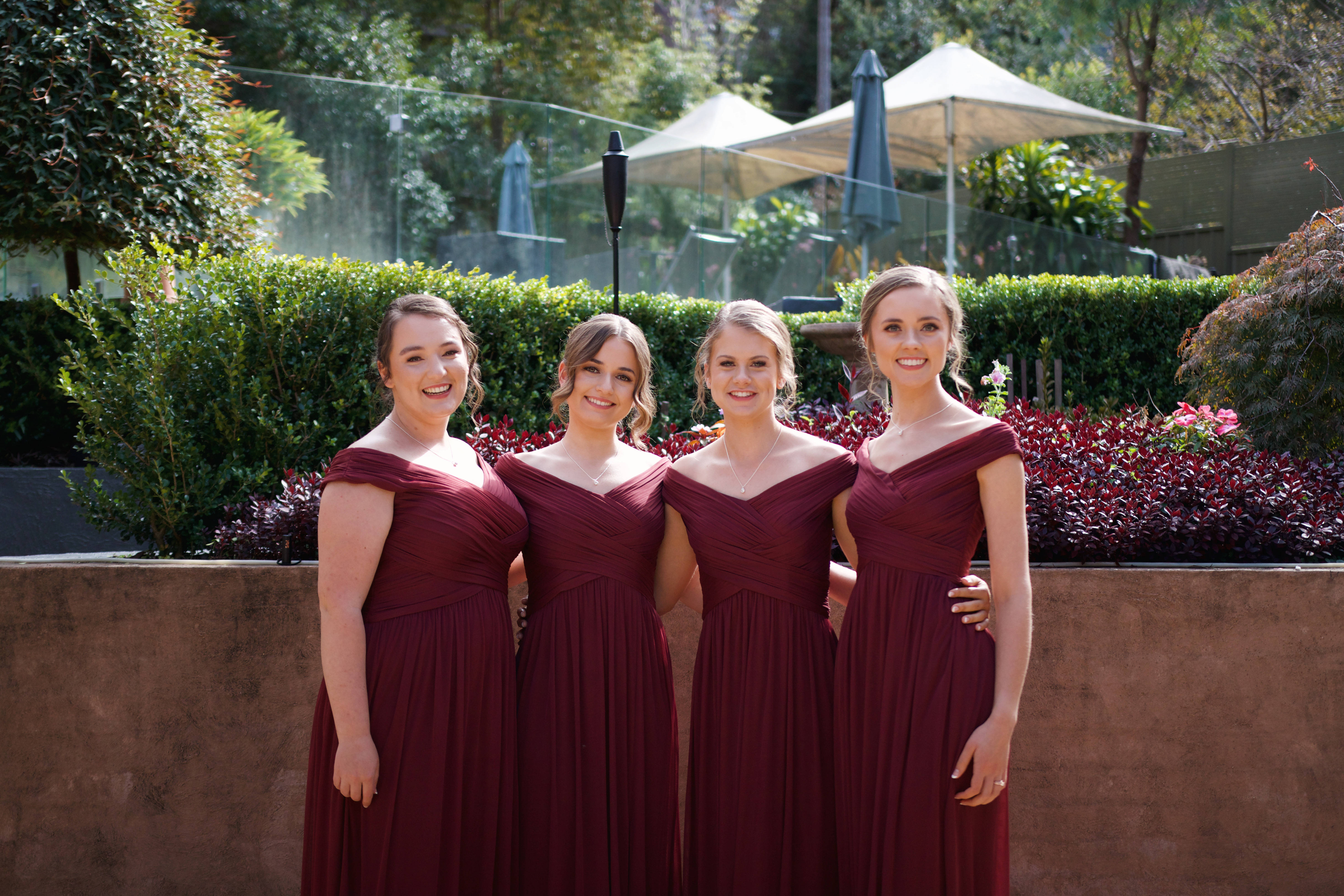 bridesmaids, red, burgundy off-shoulder gowns, 5K Desktop Wallpaper
