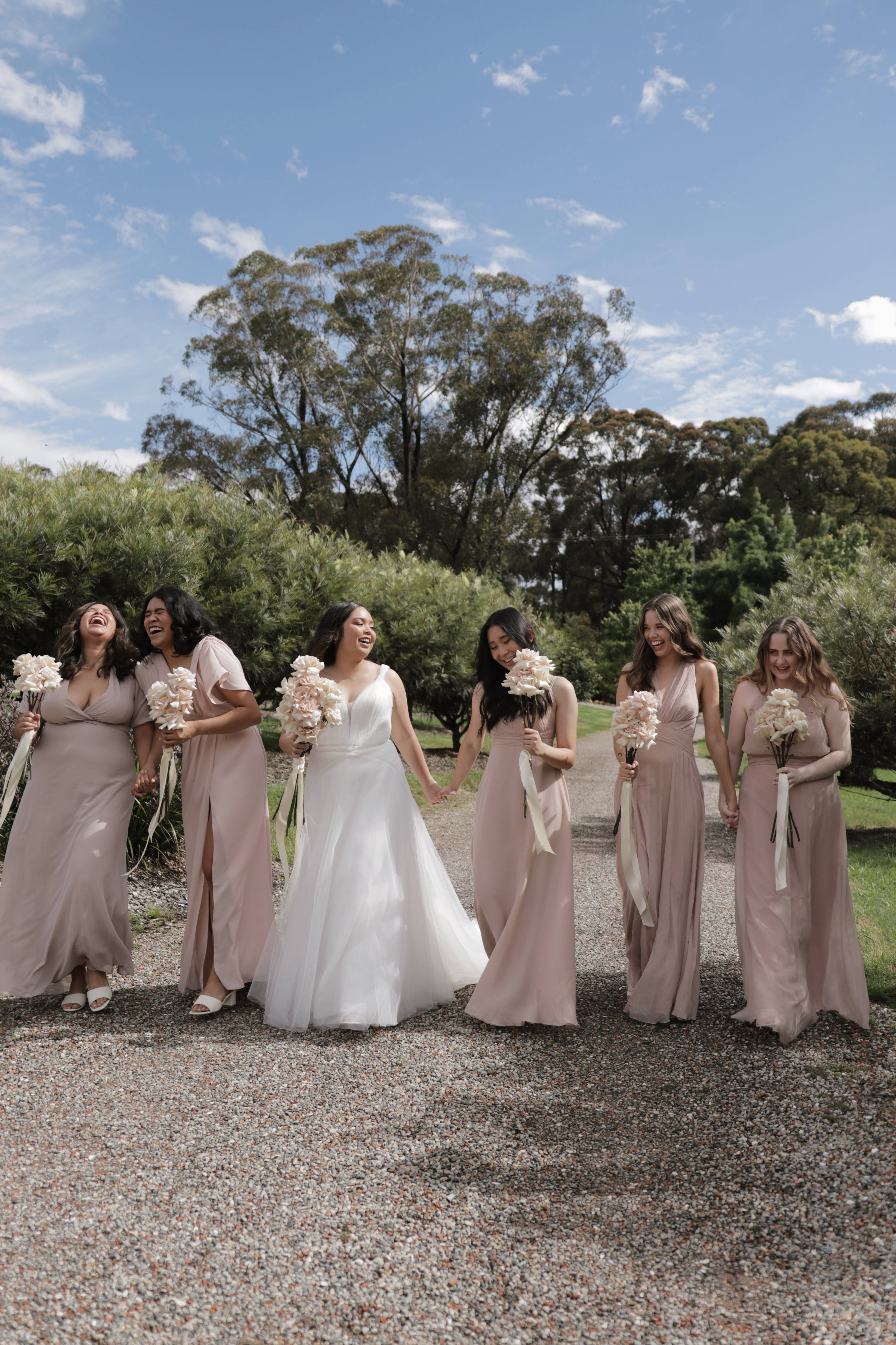 bridesmaids, beige dresses, dusty rose gowns, 5K Phone Wallpaper