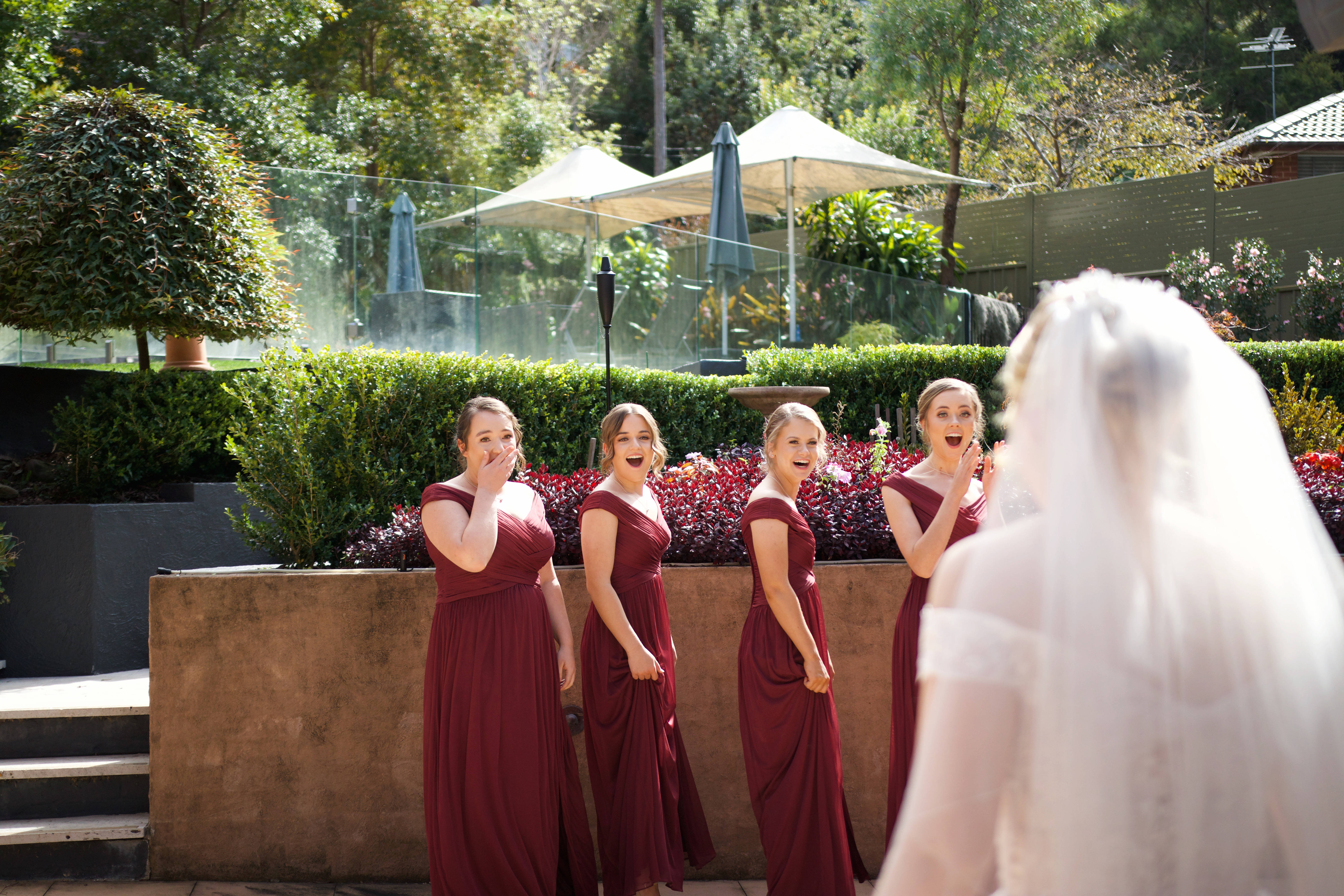 Bridesmaids, maroon gowns, white veil, 5K Desktop Wallpaper