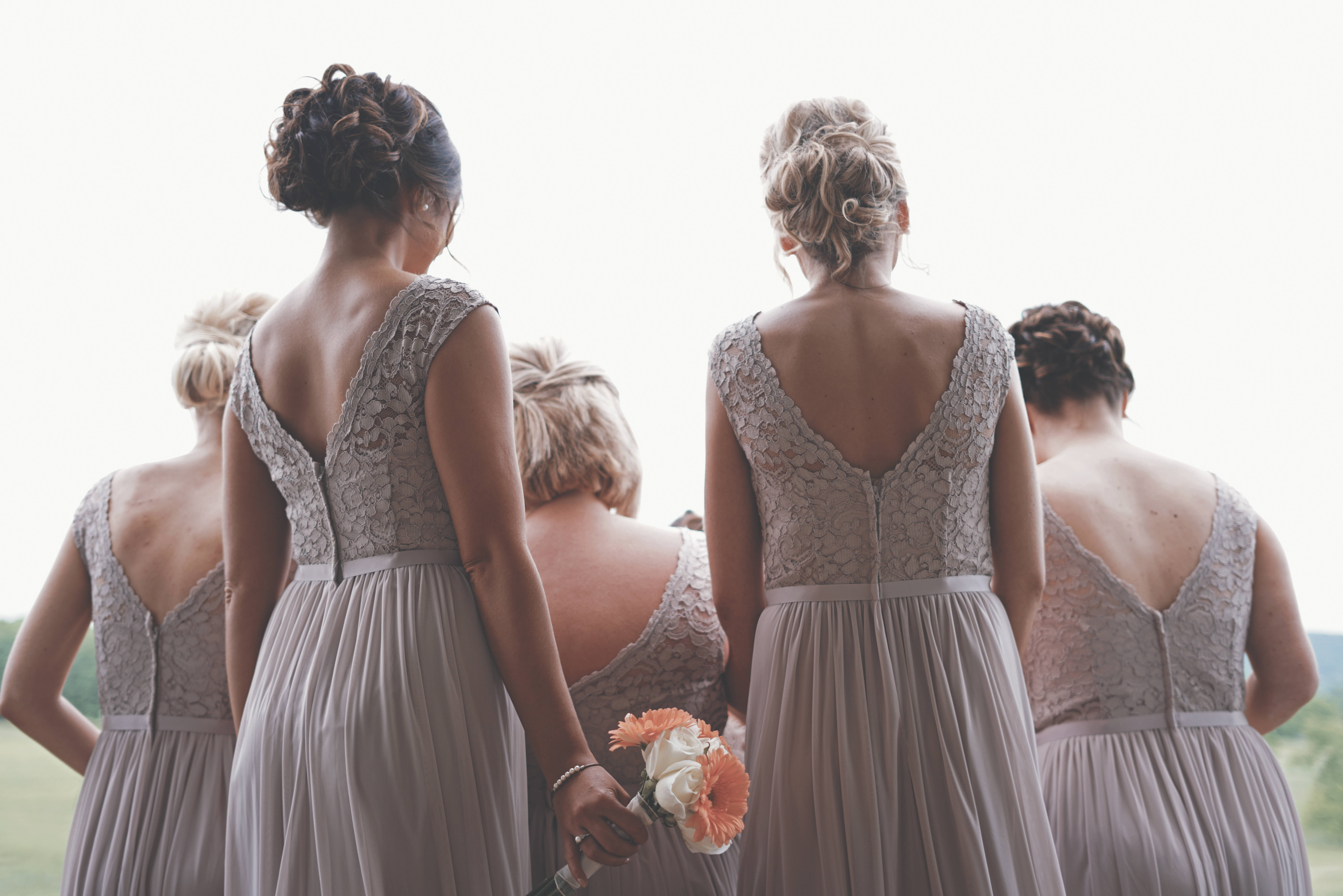 gray lace dresses, orange and white flowers, backs to camera, 8K Desktop Wallpaper