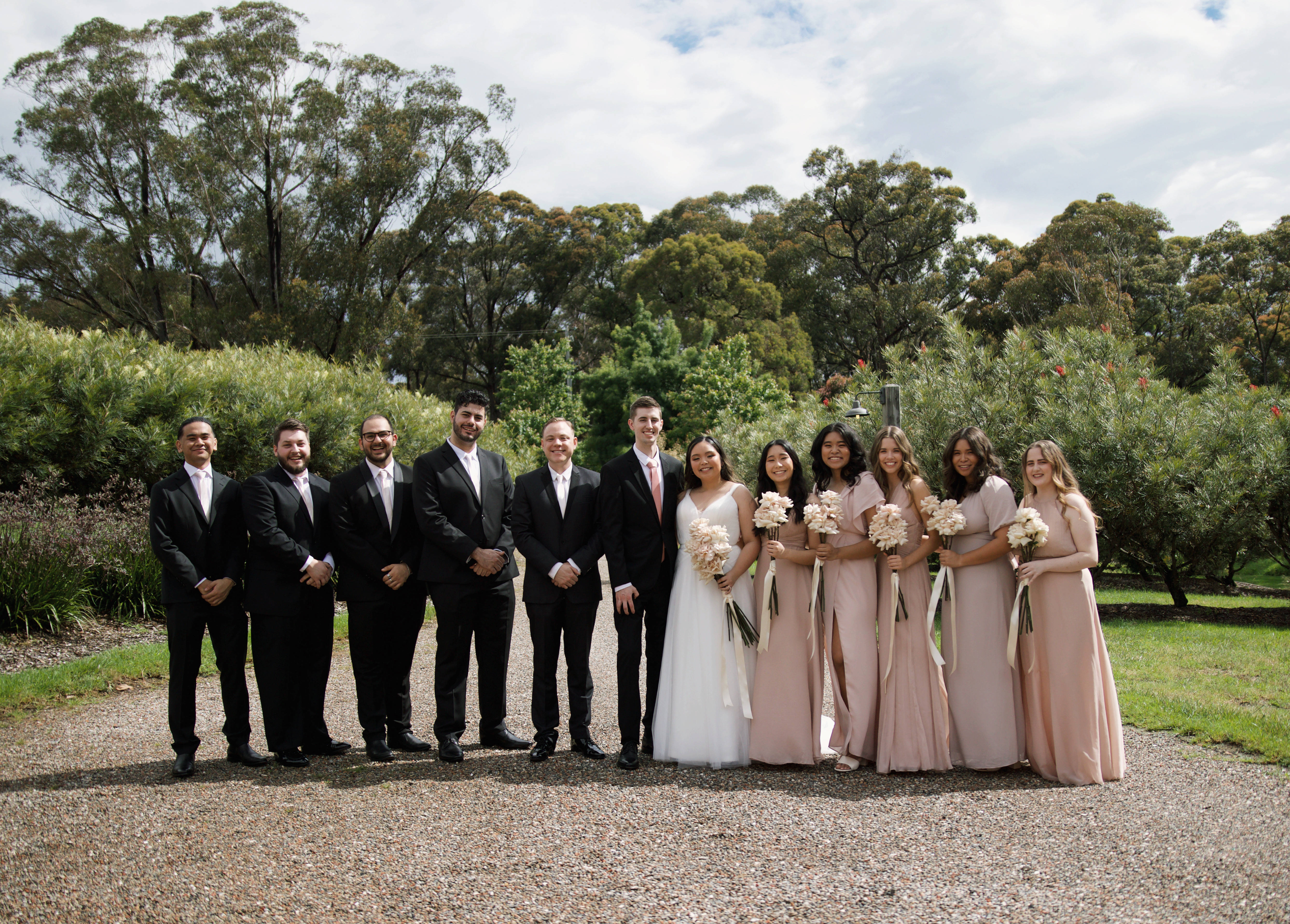 Bridesmaids, newlywed couple, gravel path, 5K Desktop Wallpaper