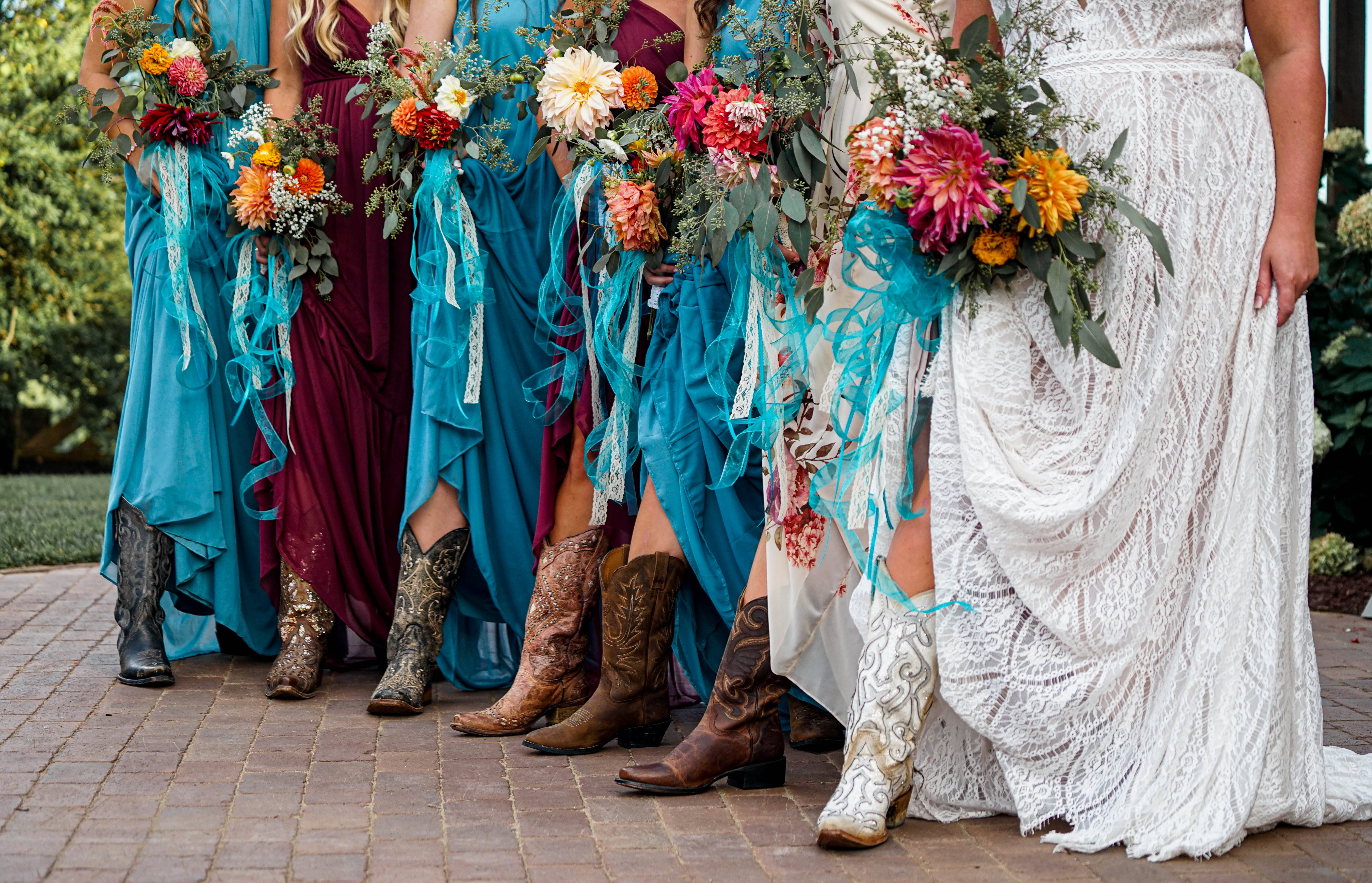 Bridesmaids, cowboy boots, flowing dresses, 5K Desktop Wallpaper