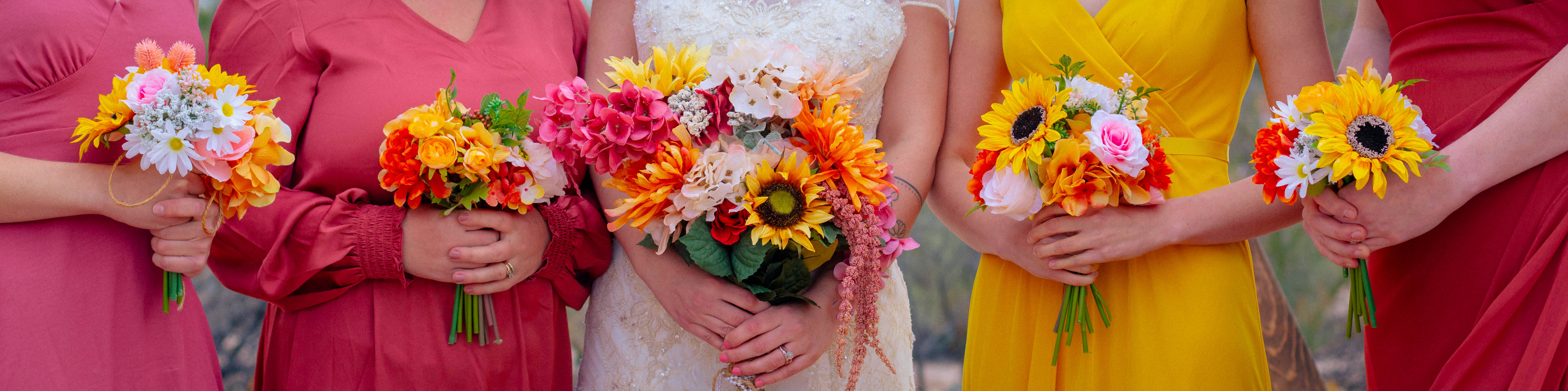 Bridesmaids, sunflower bouquet, white dress, 5K Desktop Wallpaper