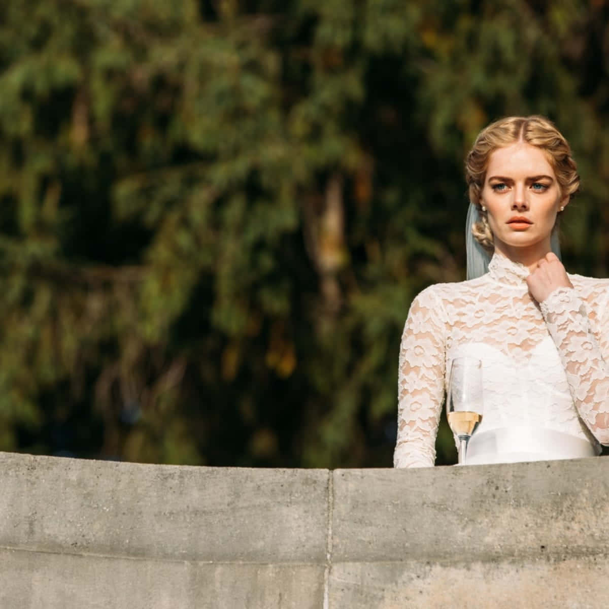 white lace gown, concrete railing, champagne flute, SD Desktop Wallpaper