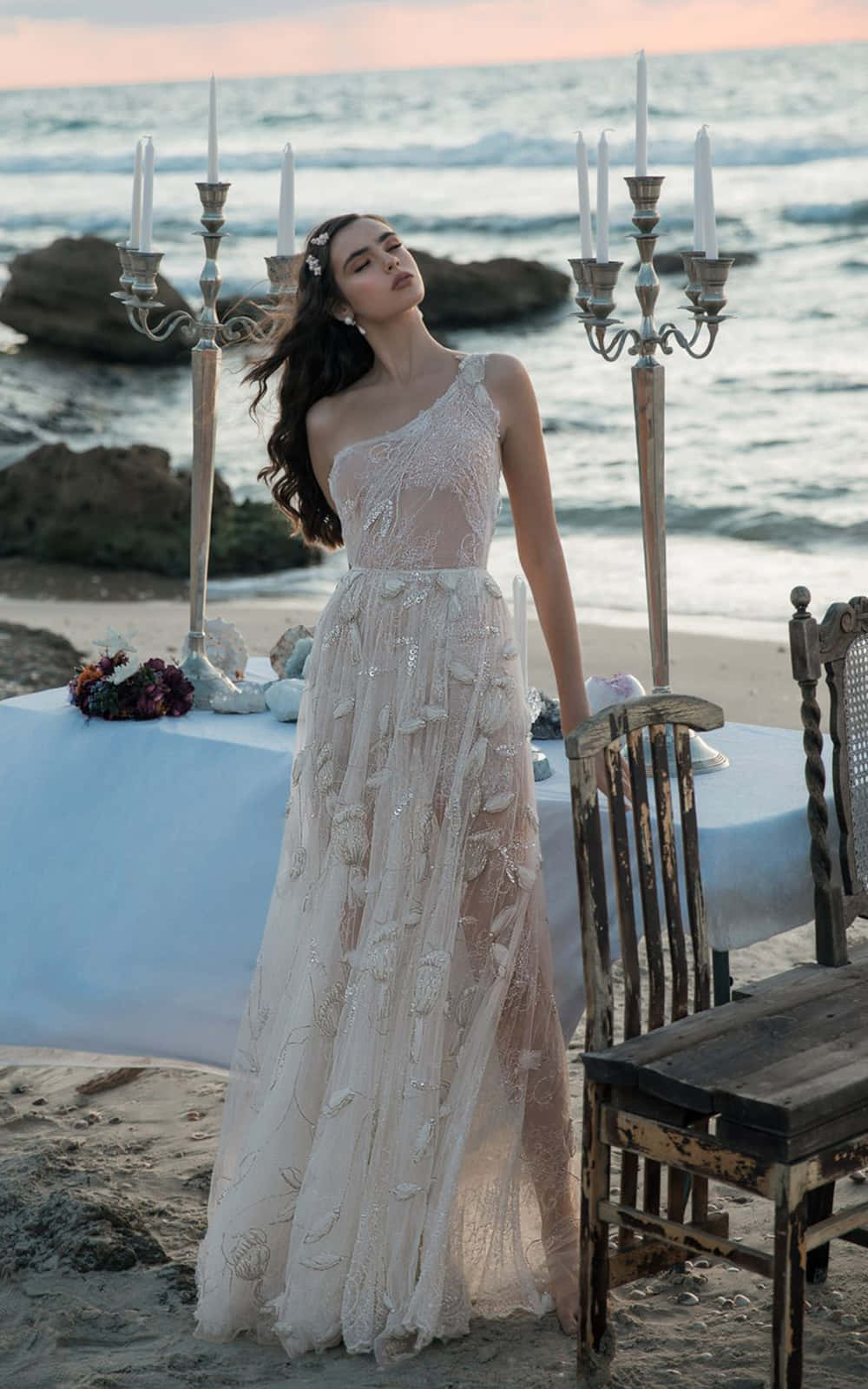 white gown, beachside table, candelabras, HD Phone Wallpaper
