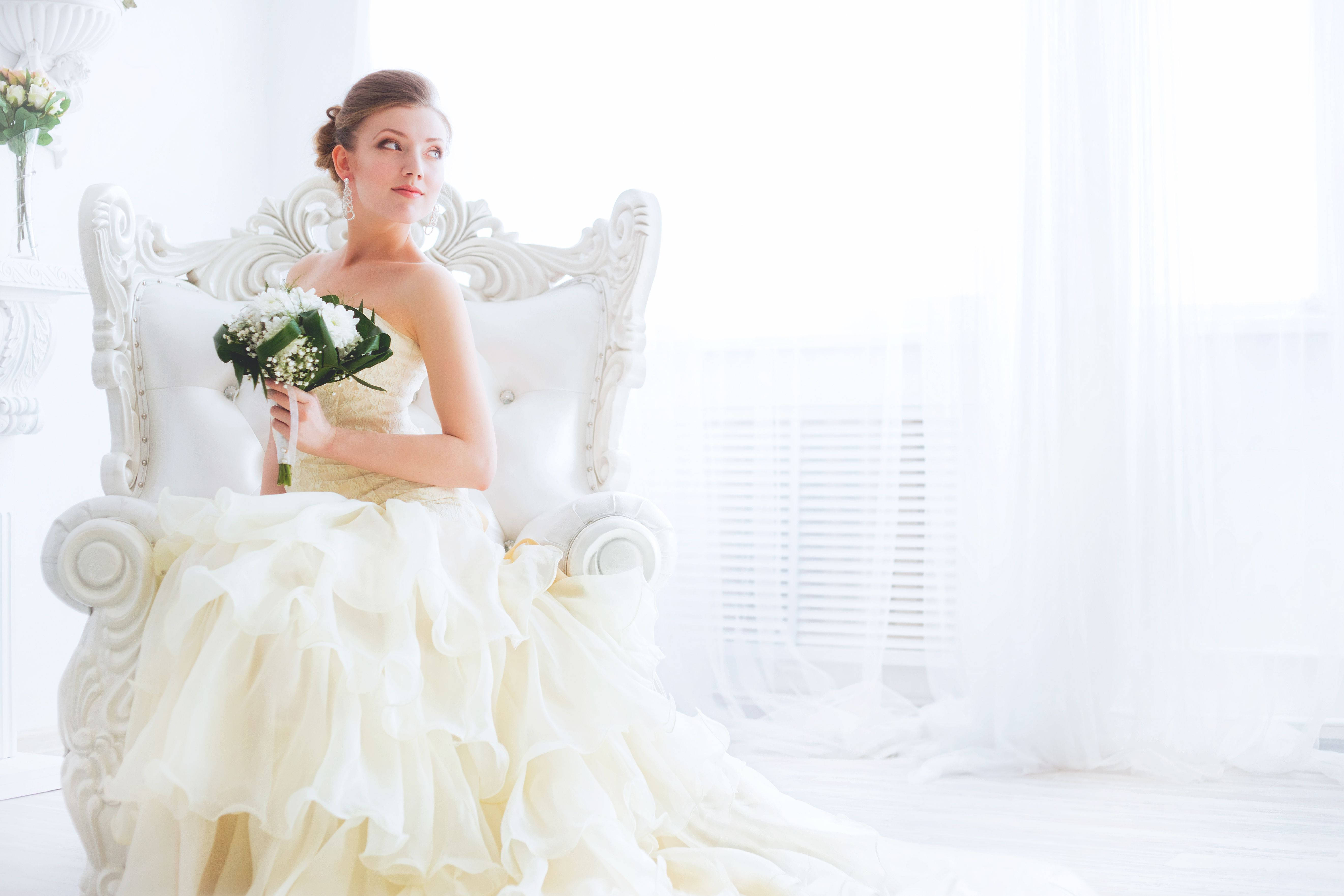 white throne chair, creamy gown, white flowers, 5K Desktop Wallpaper