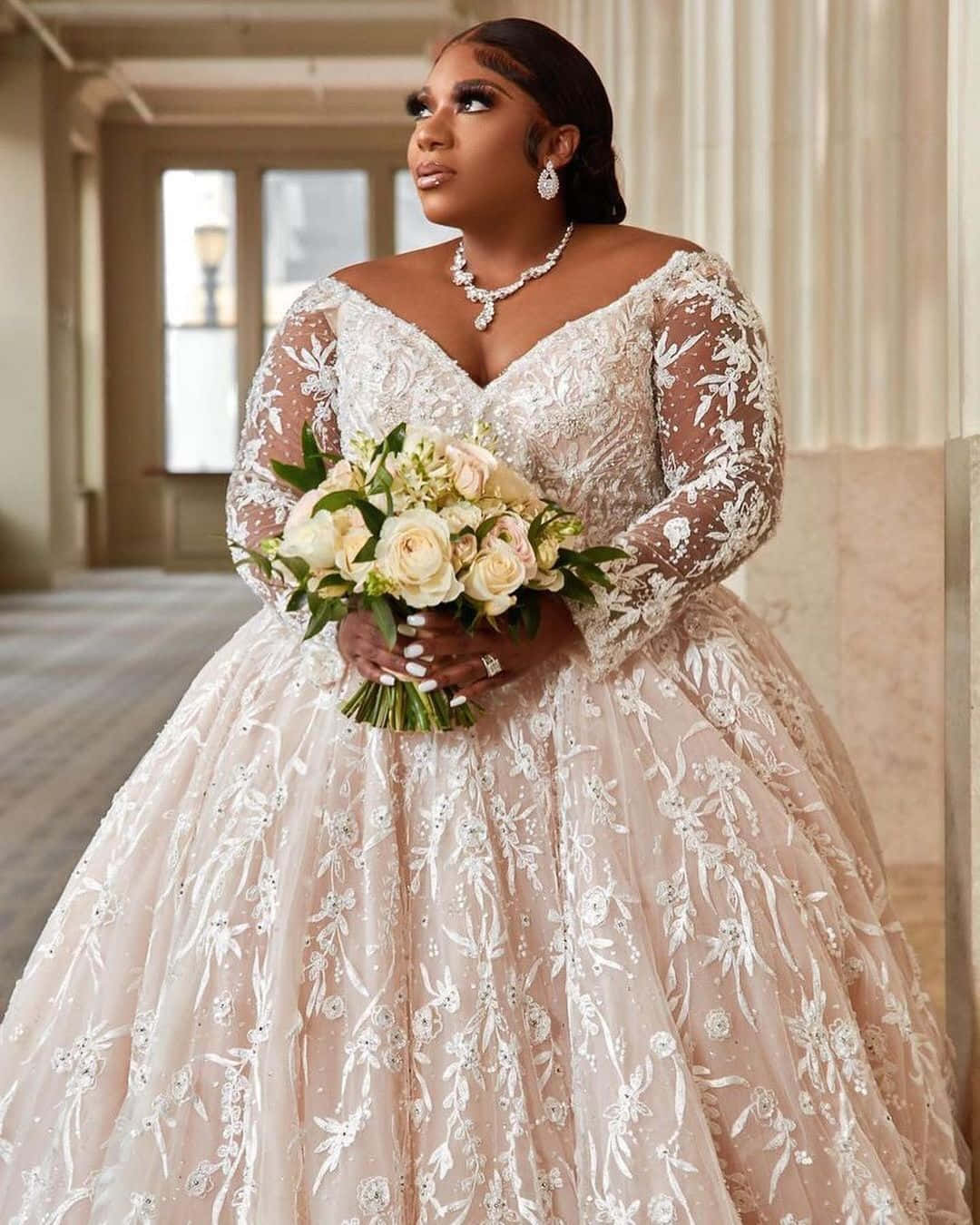 blush wedding gown, cream roses, grand hallway, HD Phone Wallpaper