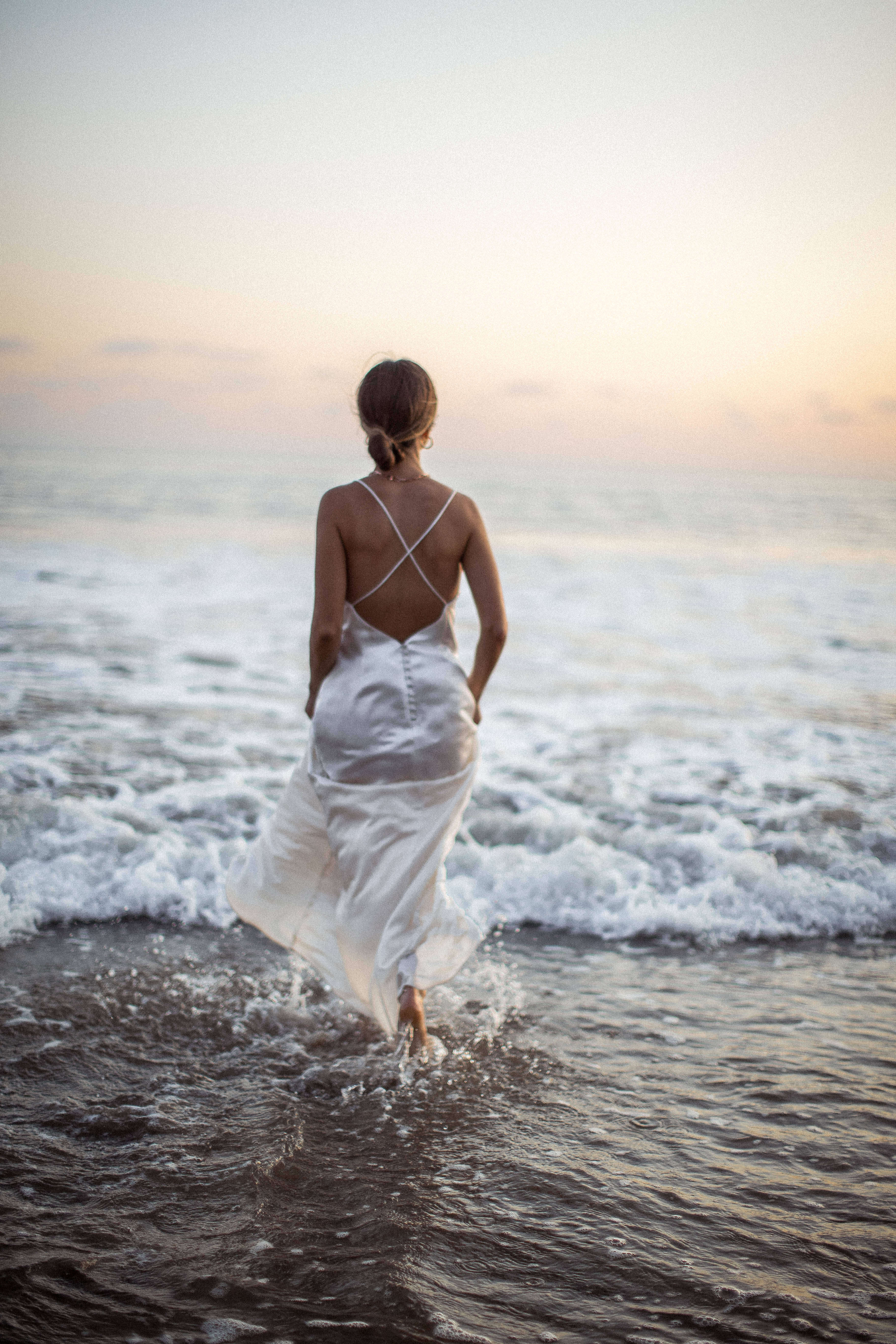 sunset, ocean, white dress, 5K Phone Wallpaper