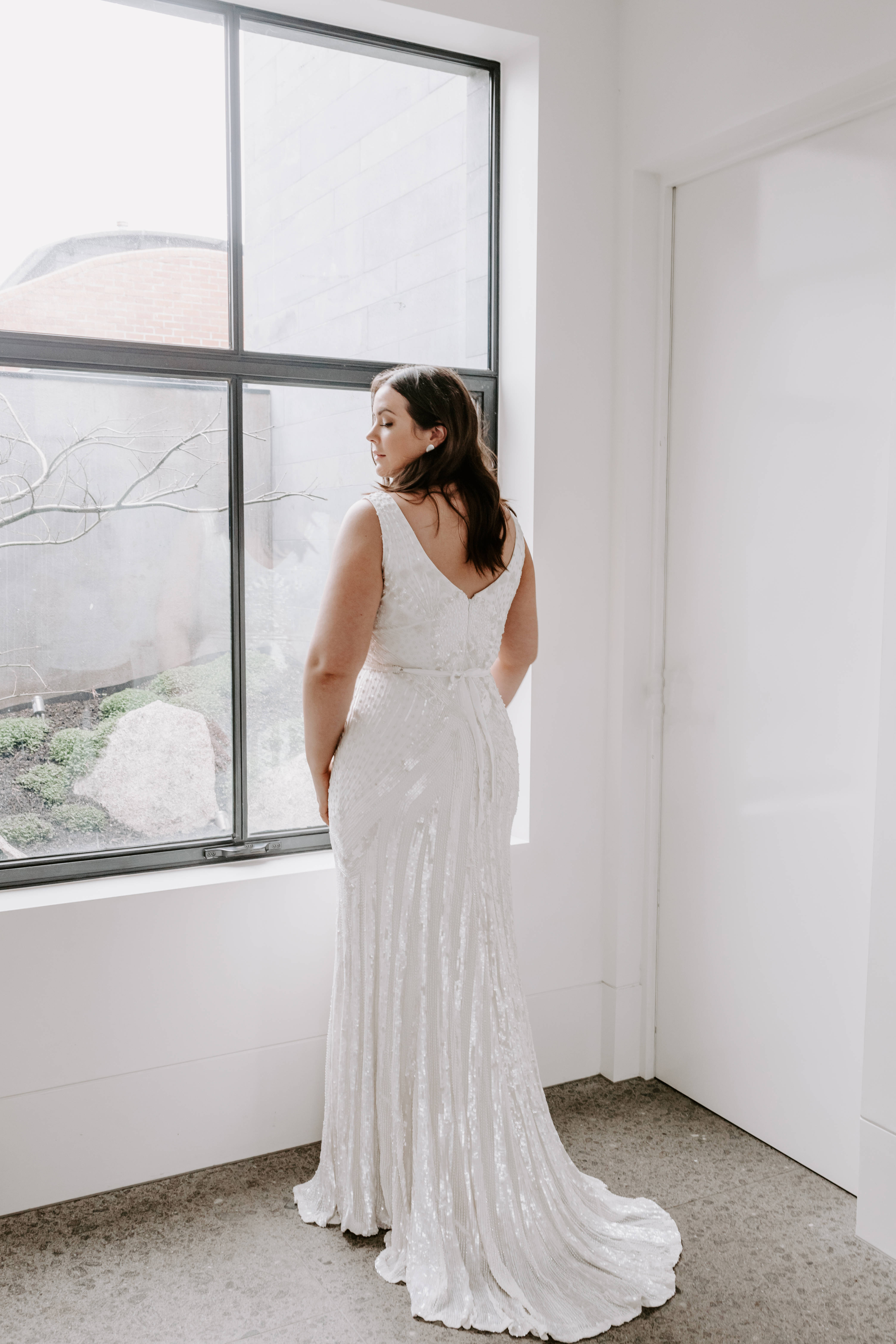 sparkling white wedding gown, large window, minimalist white room, 5K Phone Wallpaper