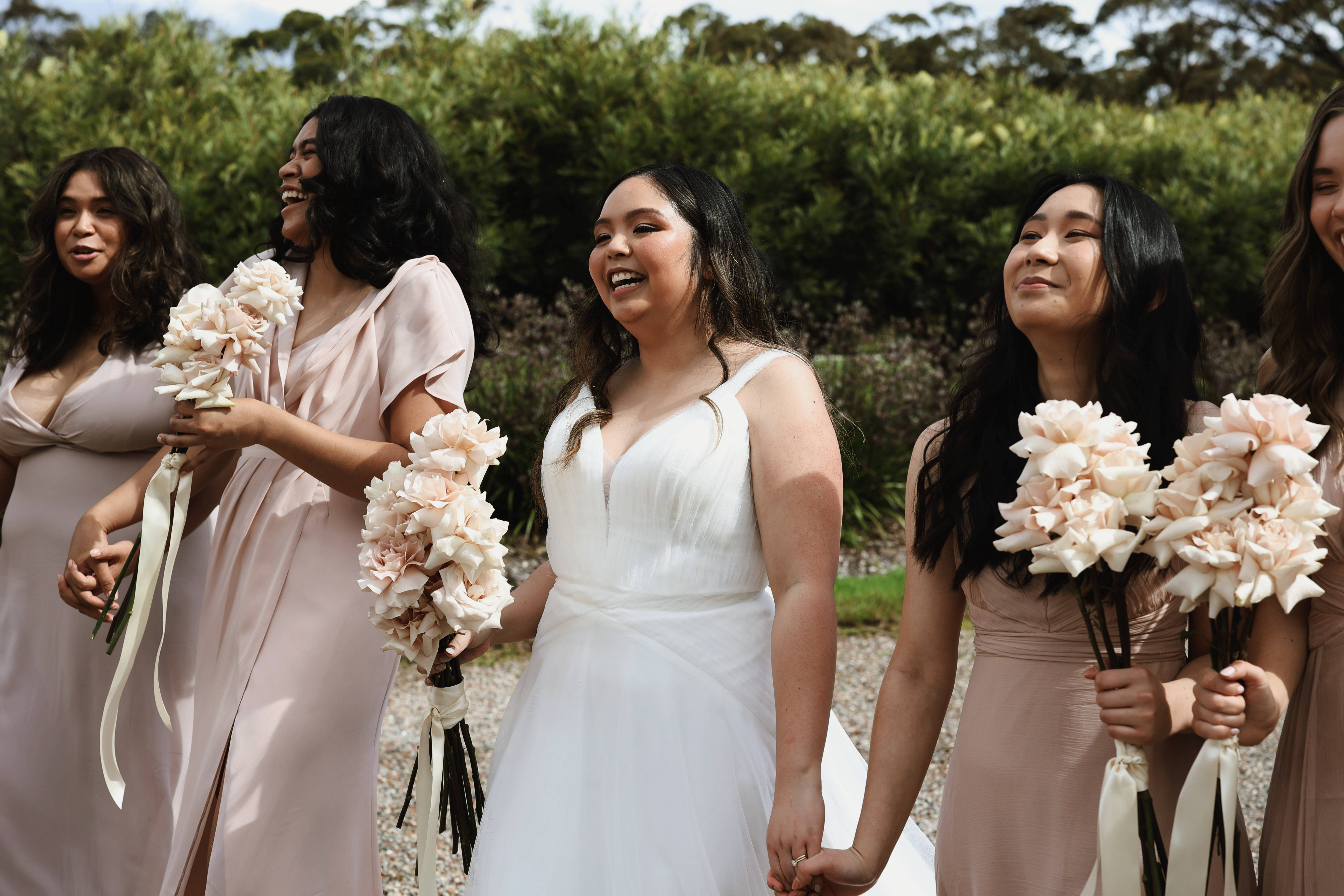 blush gowns, pastel flower bouquets, outdoors, 5K Desktop Wallpaper
