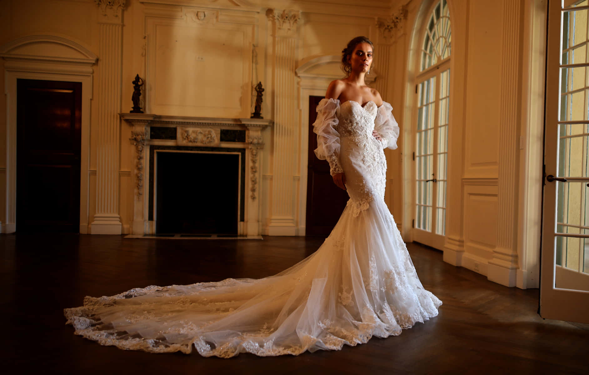 off-shoulder lace mermaid wedding gown, Victorian hall, ornate fireplace, HD Desktop Wallpaper
