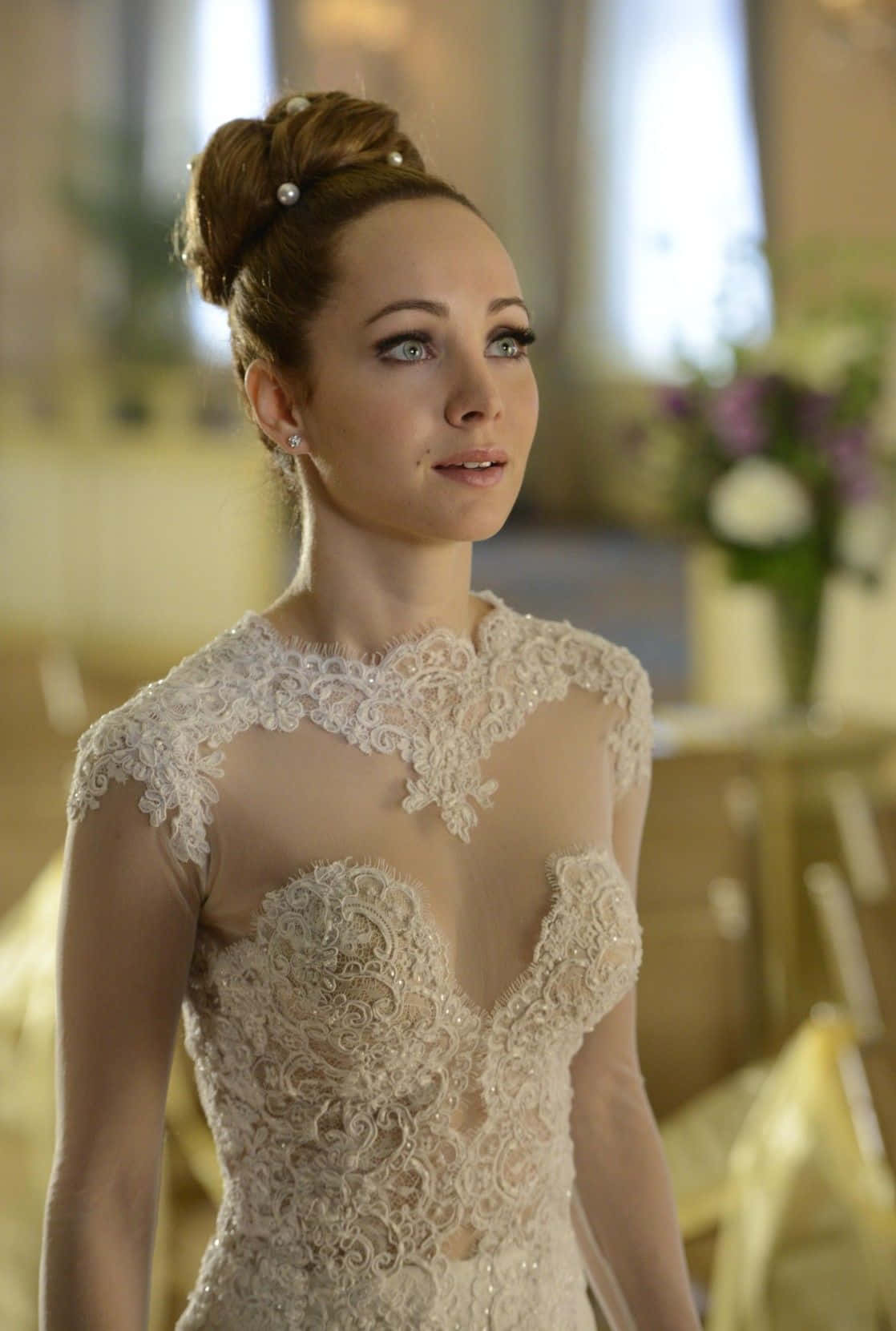 elegant bridein lace gown, intricate lace wedding gown, softly lit indoor setting, HD Phone Wallpaper