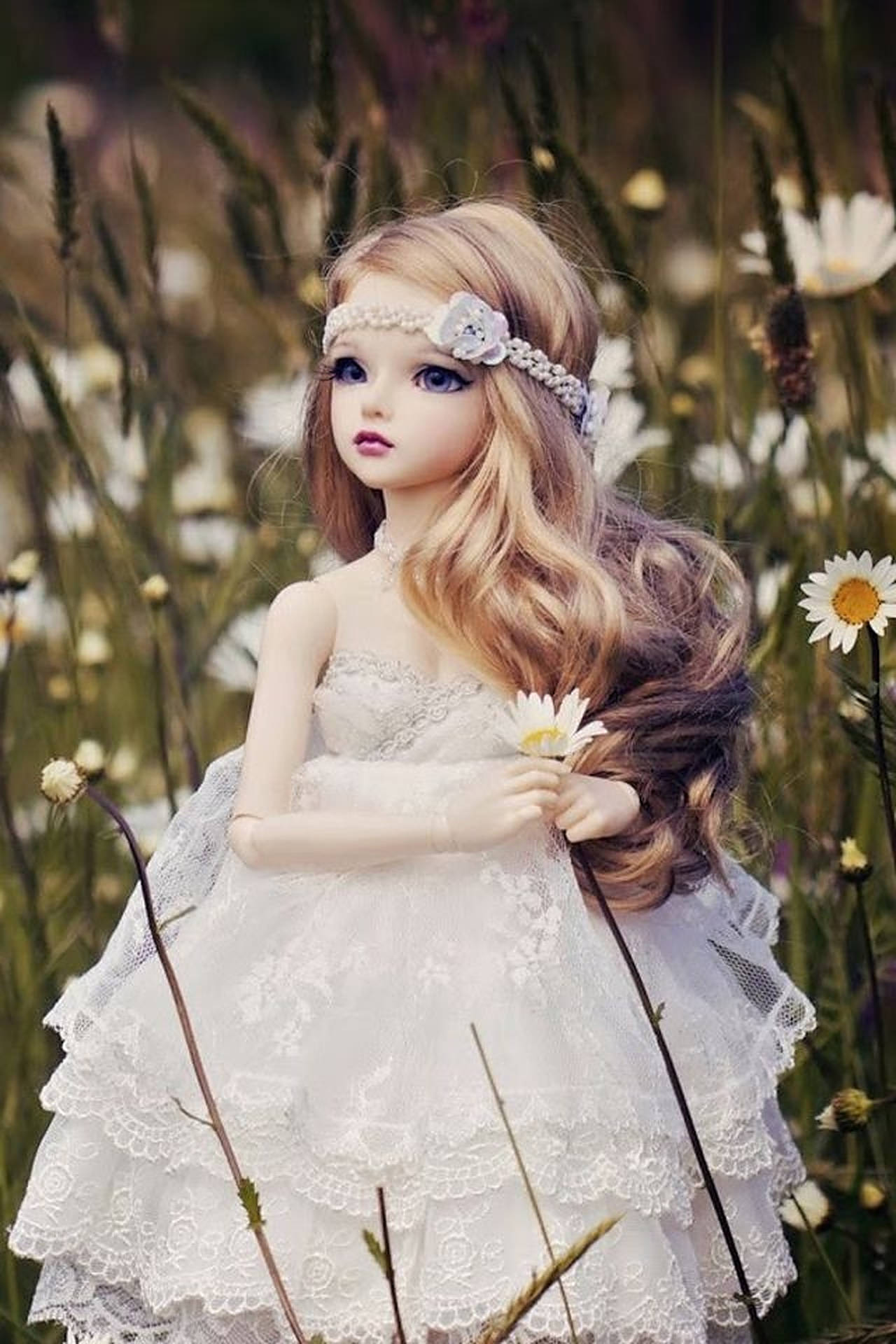 doll bride, daisies, long blonde hair, Full HD Phone Wallpaper