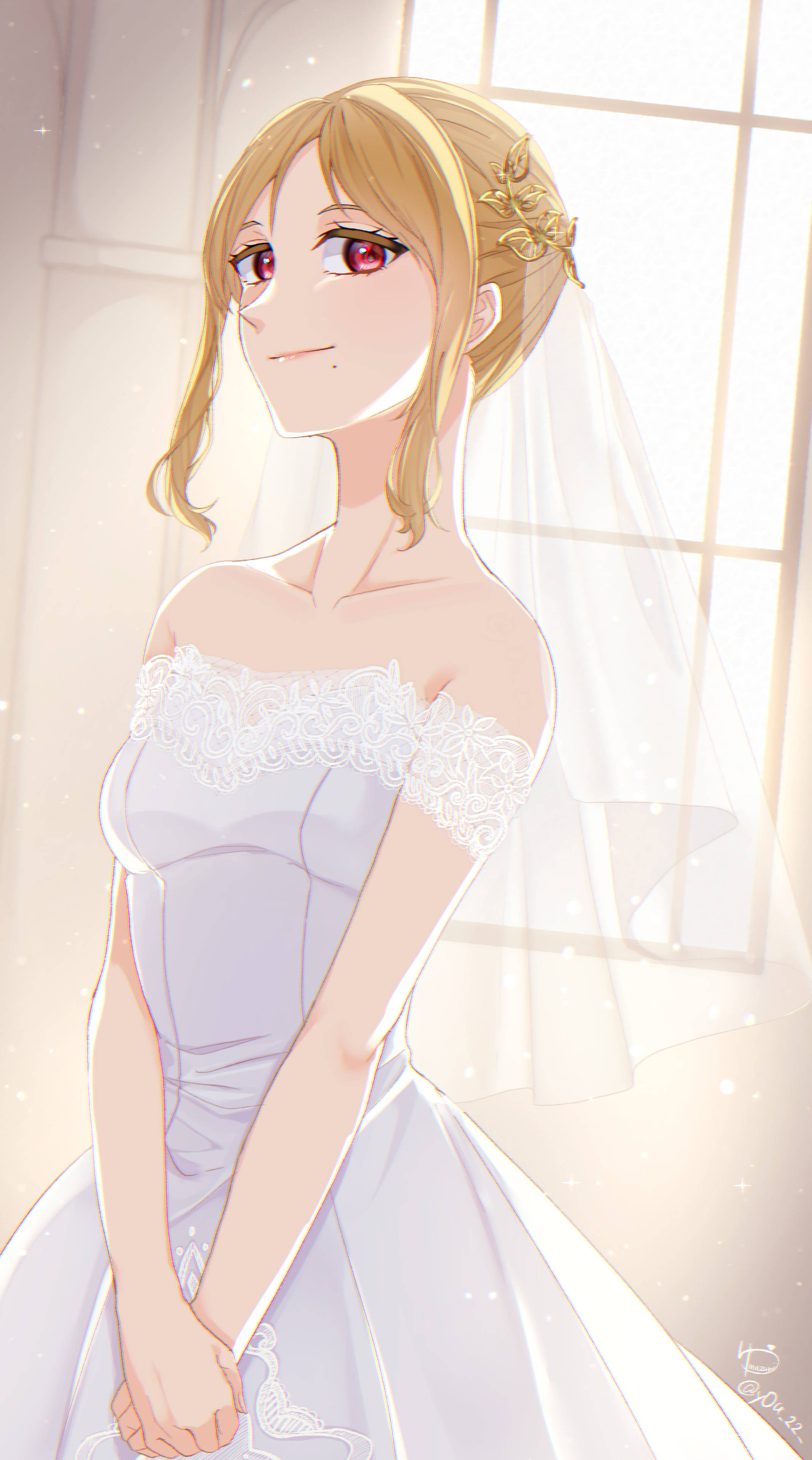 anime bride, white lace gown, sunlit window, 2K Phone Wallpaper
