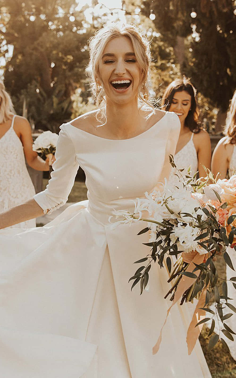 bride, white gown, floral bouquet, HD Phone Wallpaper