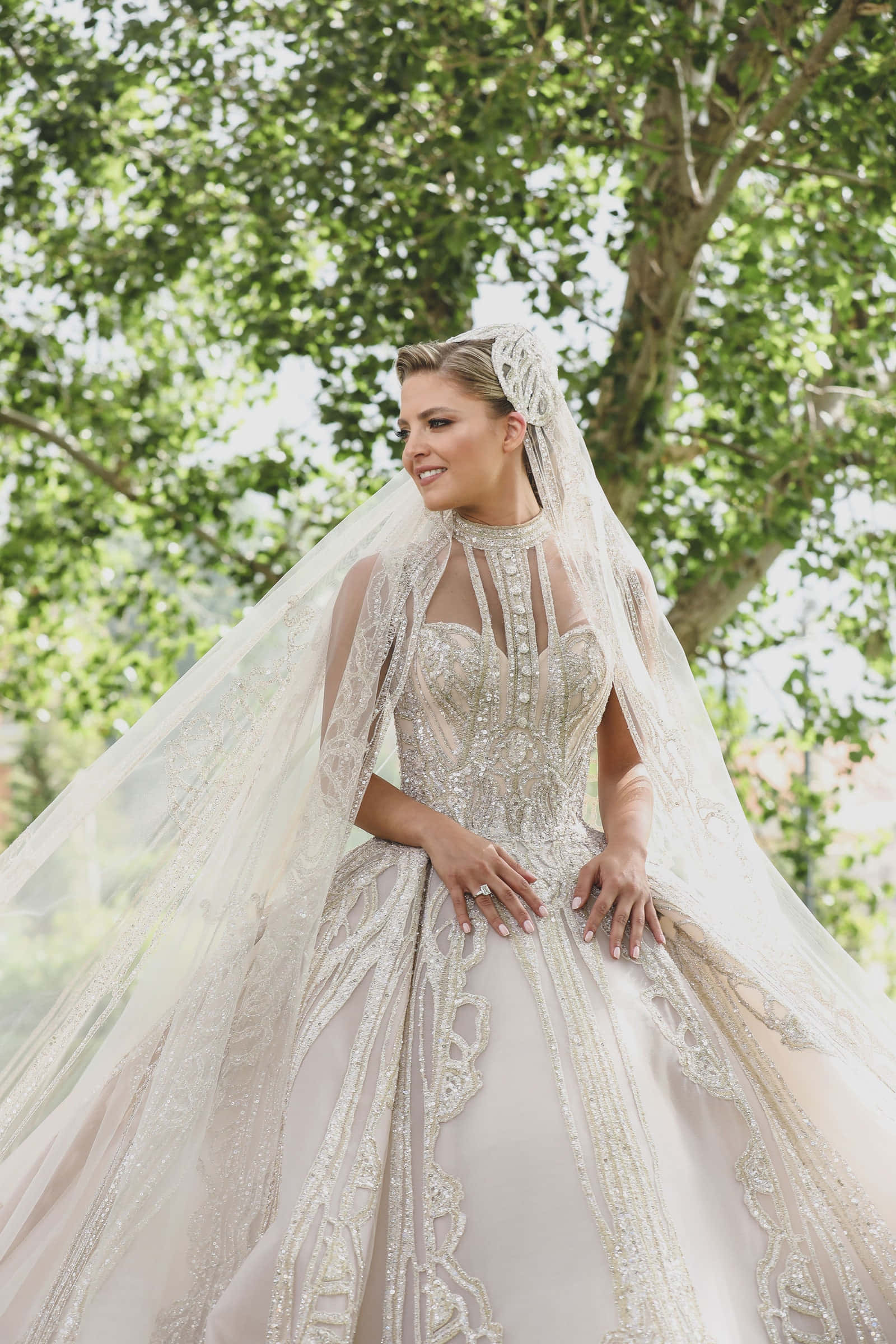 ivory gown, intricate beading, flowing veil, Full HD Phone Wallpaper