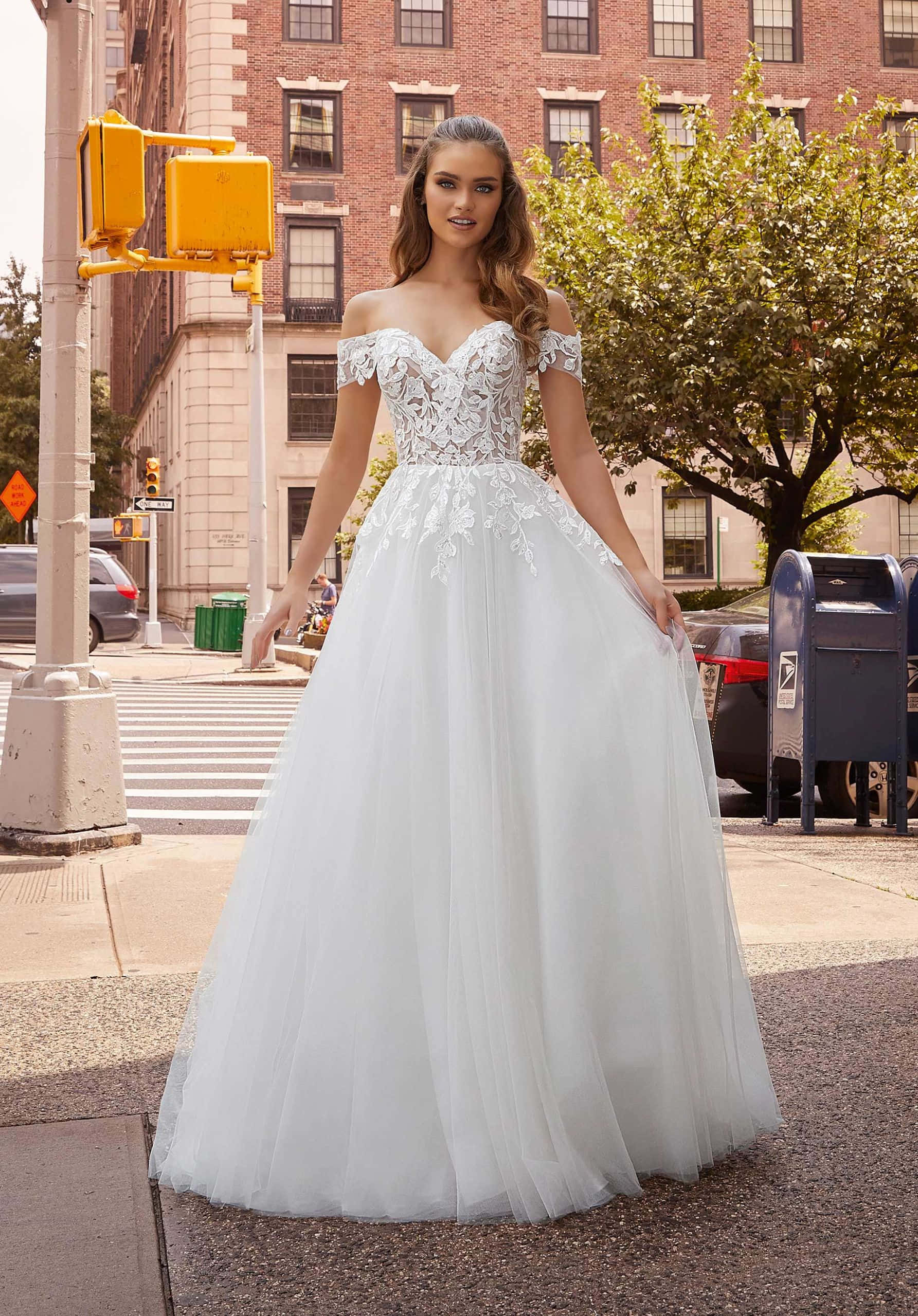 bride, white off-shoulder wedding gown, city sidewalk, 2K Phone Wallpaper