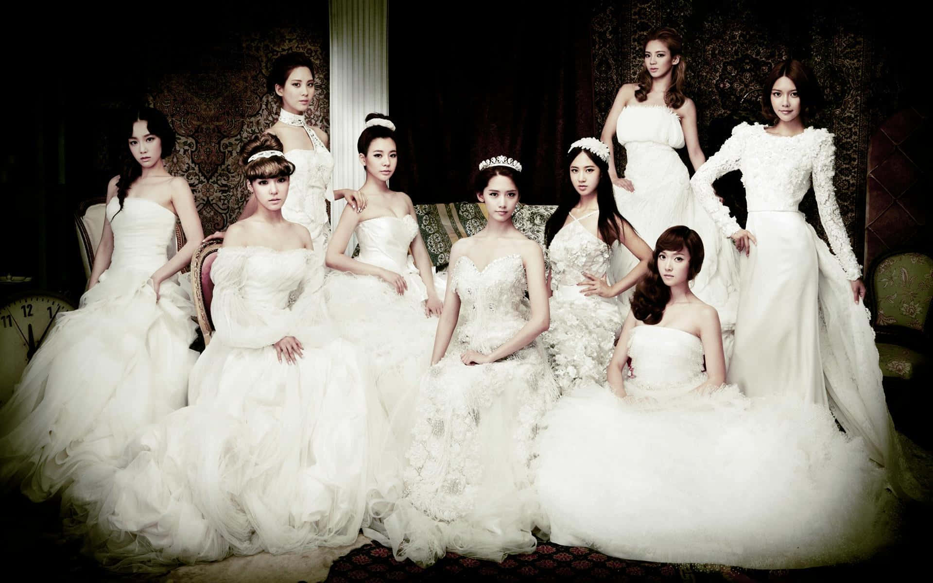 elegant bridal gowns, white wedding gowns, dimly lit ornate room, Full HD Desktop Wallpaper