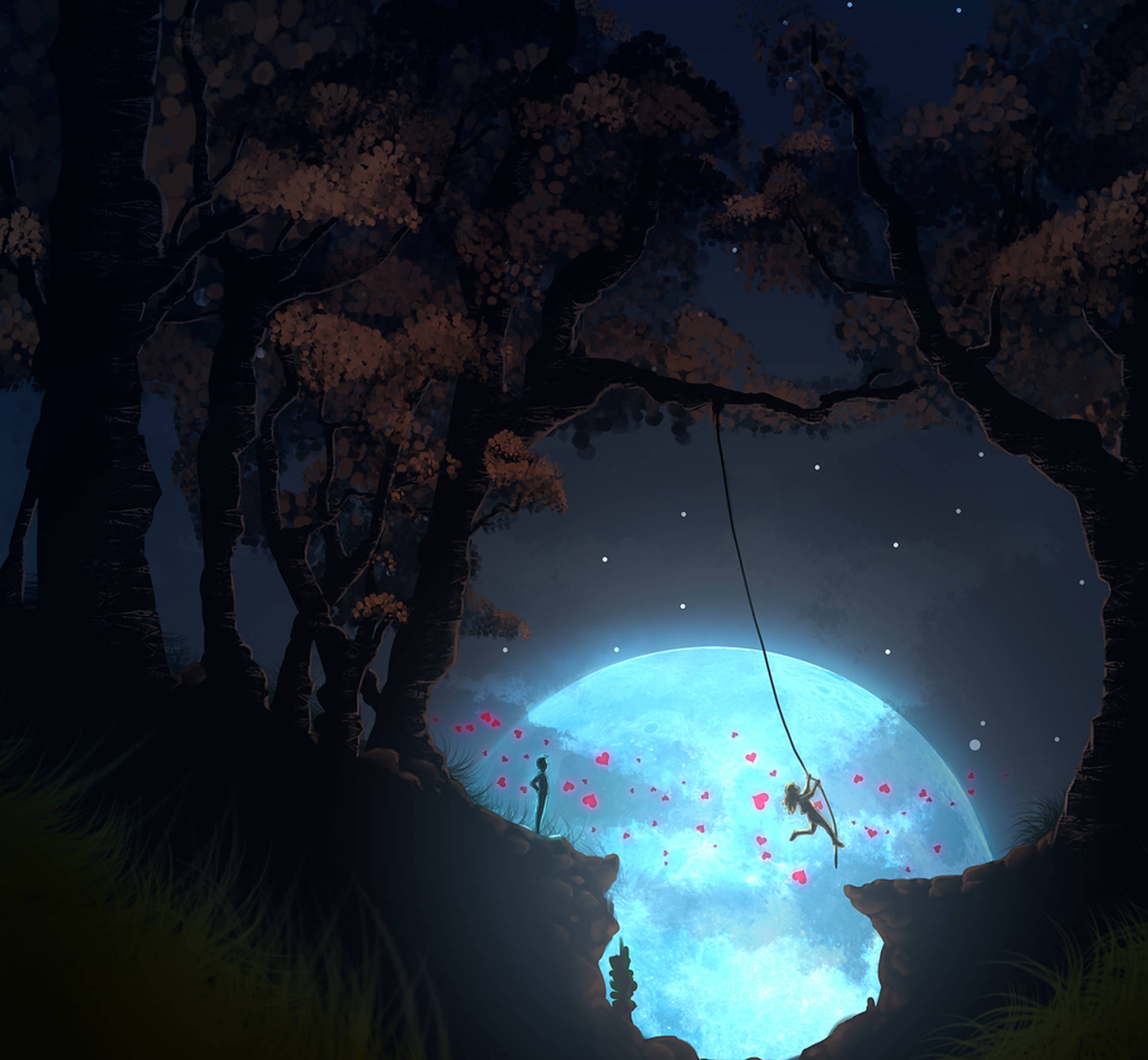 Bridge To Terabithia, glowing blue moon, pink hearts, HD Desktop Wallpaper