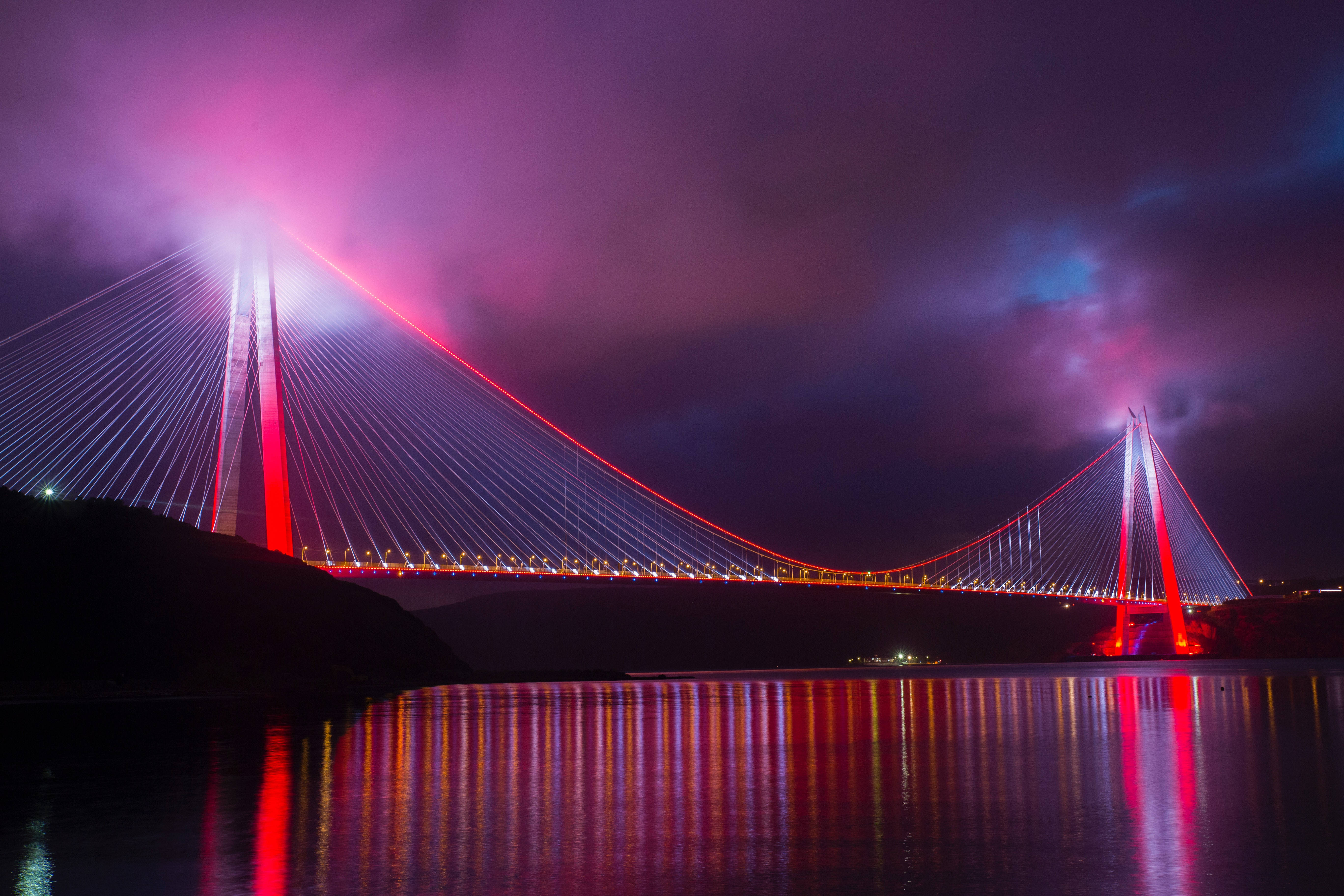 Bridge To Terabithia, red and white lights, purple night sky, 5K Desktop Wallpaper