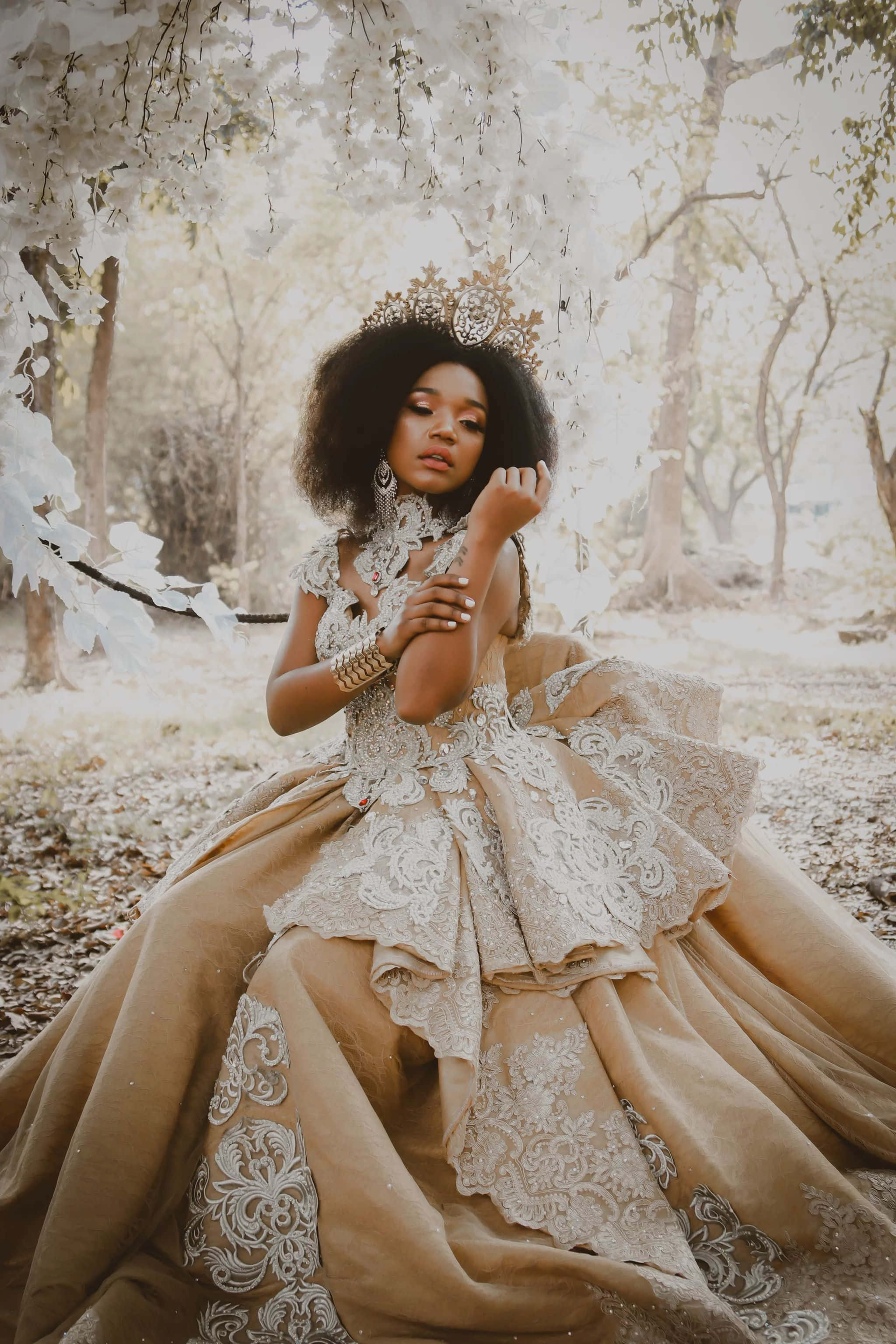 Bridgerton, beige lace gown, crown, 2K Phone Wallpaper