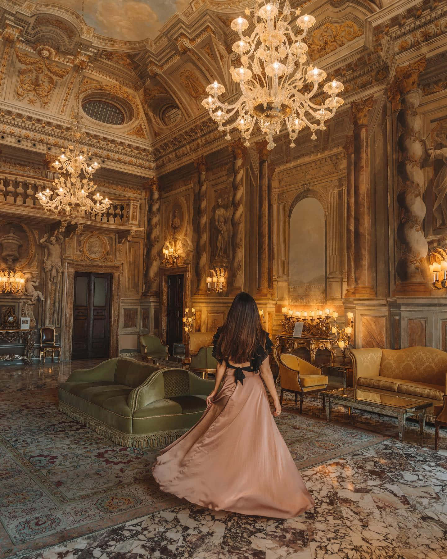 peach gown, lavishly decorated palace hall, ornate ceilings, HD Phone Wallpaper