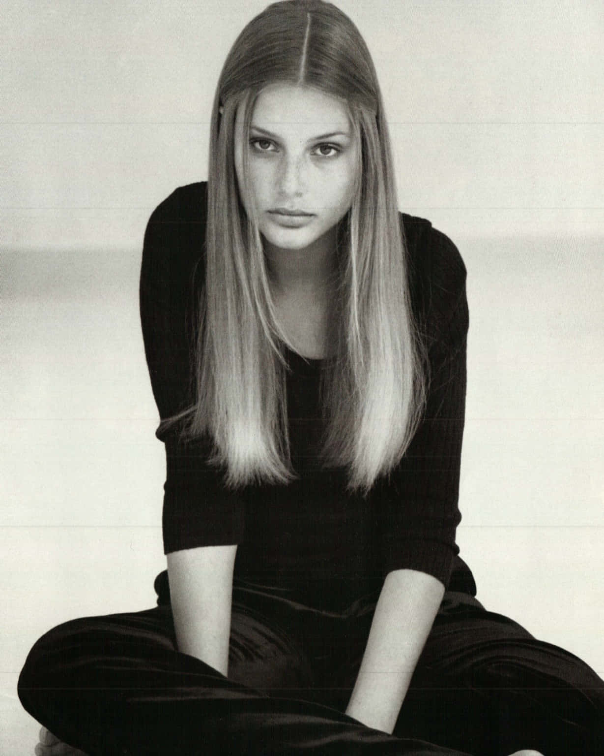 Bridget Hall, monochrome portrait, long straight hair, HD Phone Wallpaper