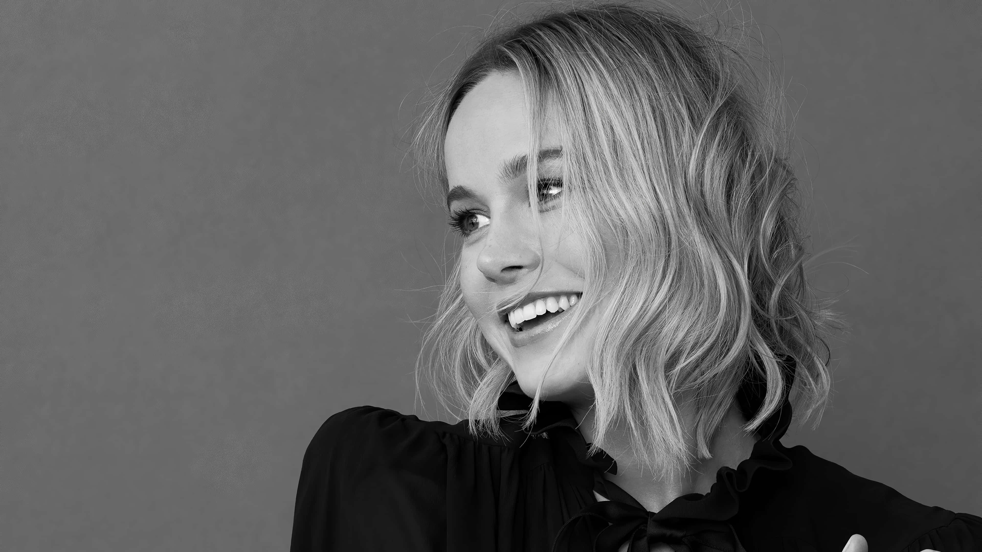 Brie Larson, black and white portrait, smiling woman, 4K Desktop Wallpaper