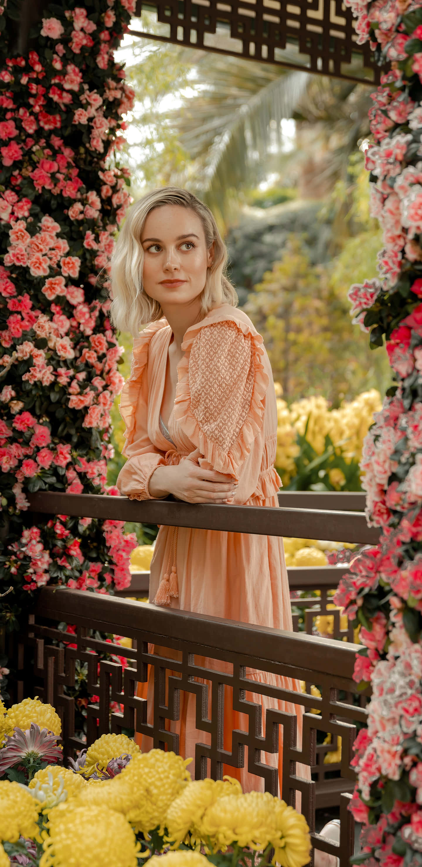 Brie Larson, peach dress, wooden railing, 2K Phone Wallpaper