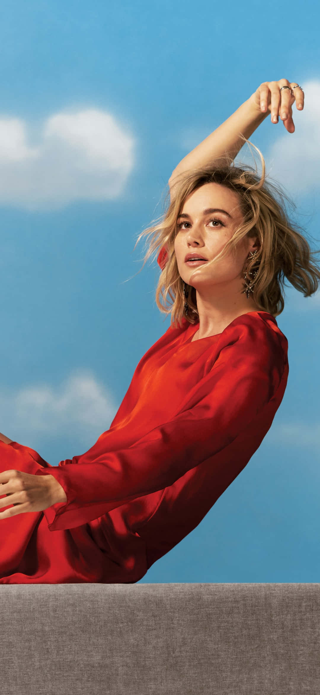 Brie Larson, floral outfit, flowing red dress, Full HD Phone Wallpaper