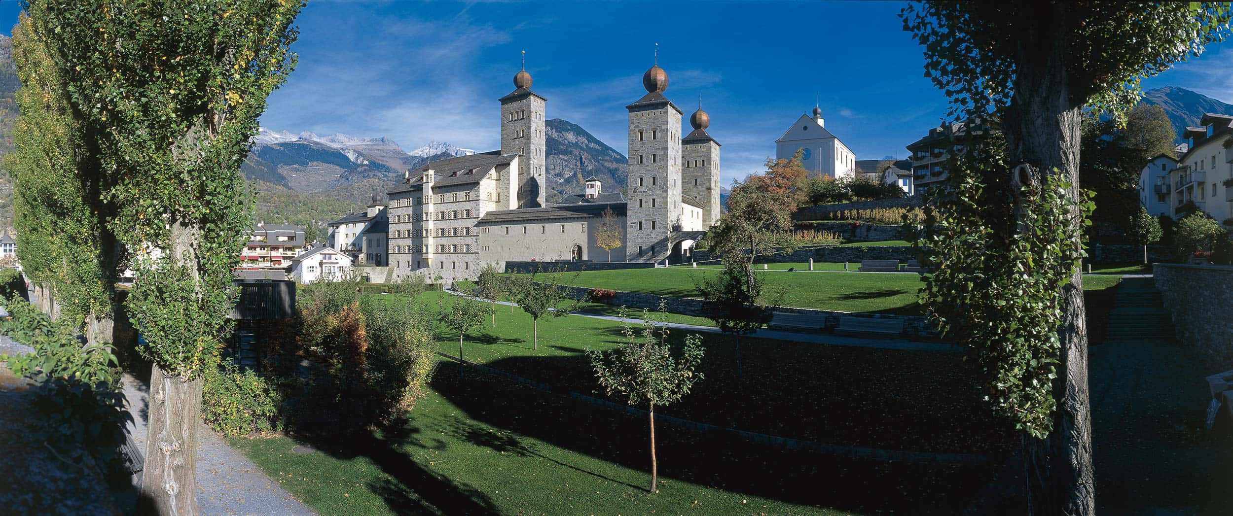 Brig, Switzerland, stone abbey, twin towers, Full HD Desktop Wallpaper