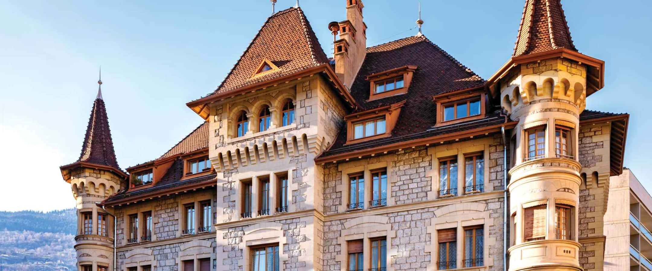 Brig, historic Swiss building facade, stone castle, Full HD Desktop Wallpaper