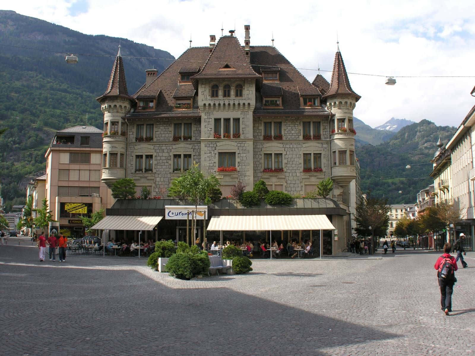 Brig, Switzerland, stone castle-like hotel, turrets, HD Desktop Wallpaper