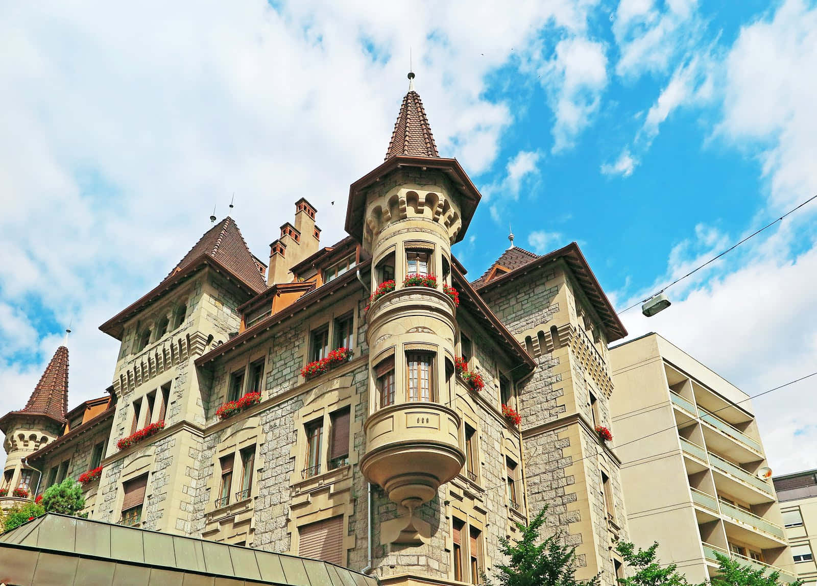 Brig Switzerland, stone castle-like building, red flower boxes, HD Desktop Wallpaper
