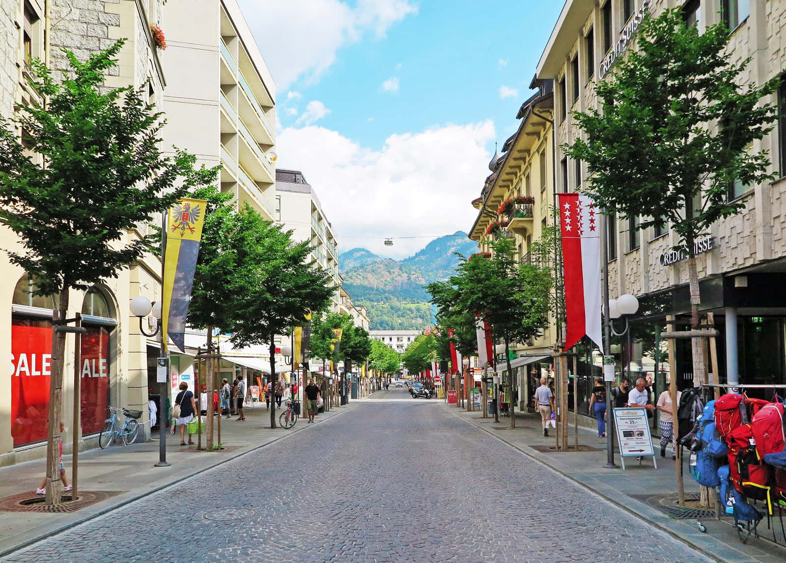 Brig, Switzerland, sunny cobblestone street, trees, HD Desktop Wallpaper