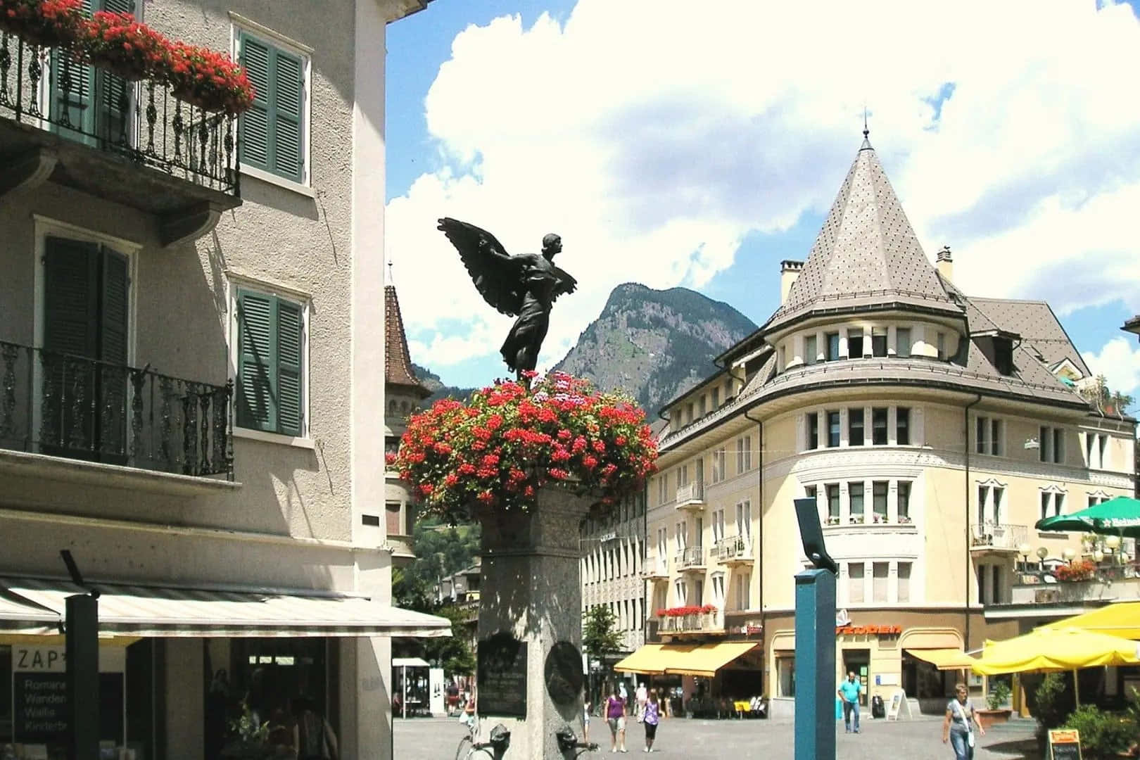 Brig, Switzerland, sunlit European town square, winged statue, HD Desktop Wallpaper