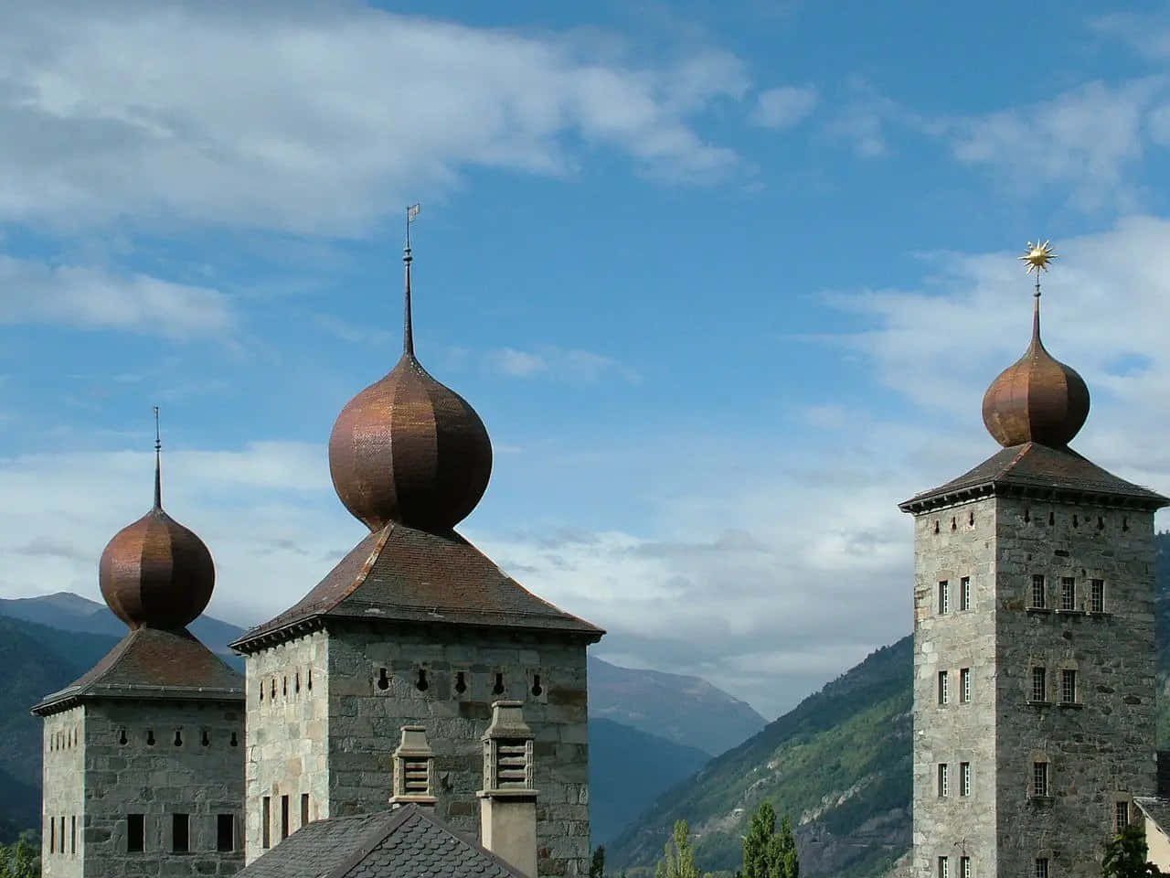 Brig, Switzerland, stone towers, copper domes, HD Desktop Wallpaper