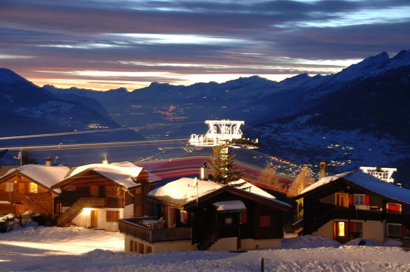 Brig Switzerland, twilight, snowy alpine chalets, HD Desktop Wallpaper