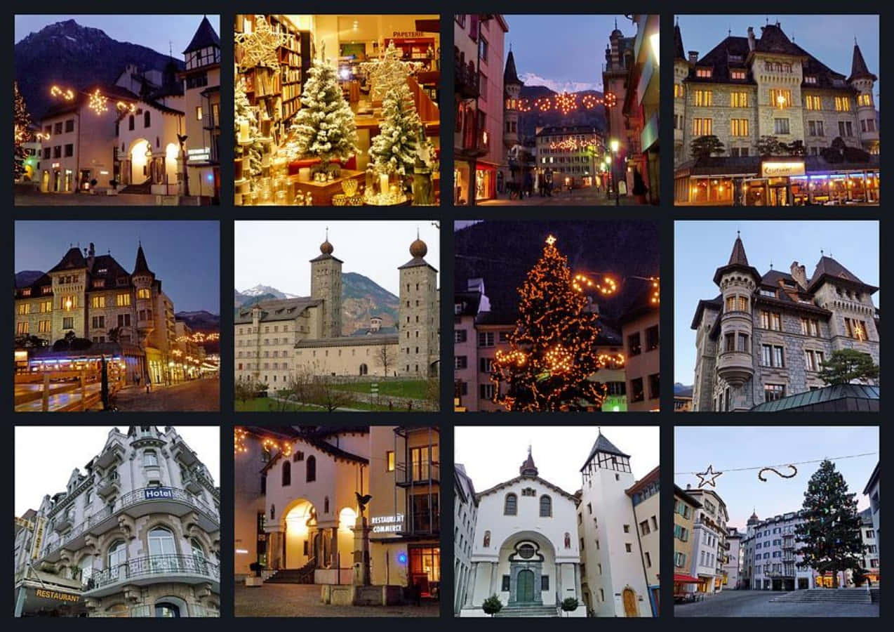 Brig, Switzerland, twilight, festive lights, SD Desktop Wallpaper