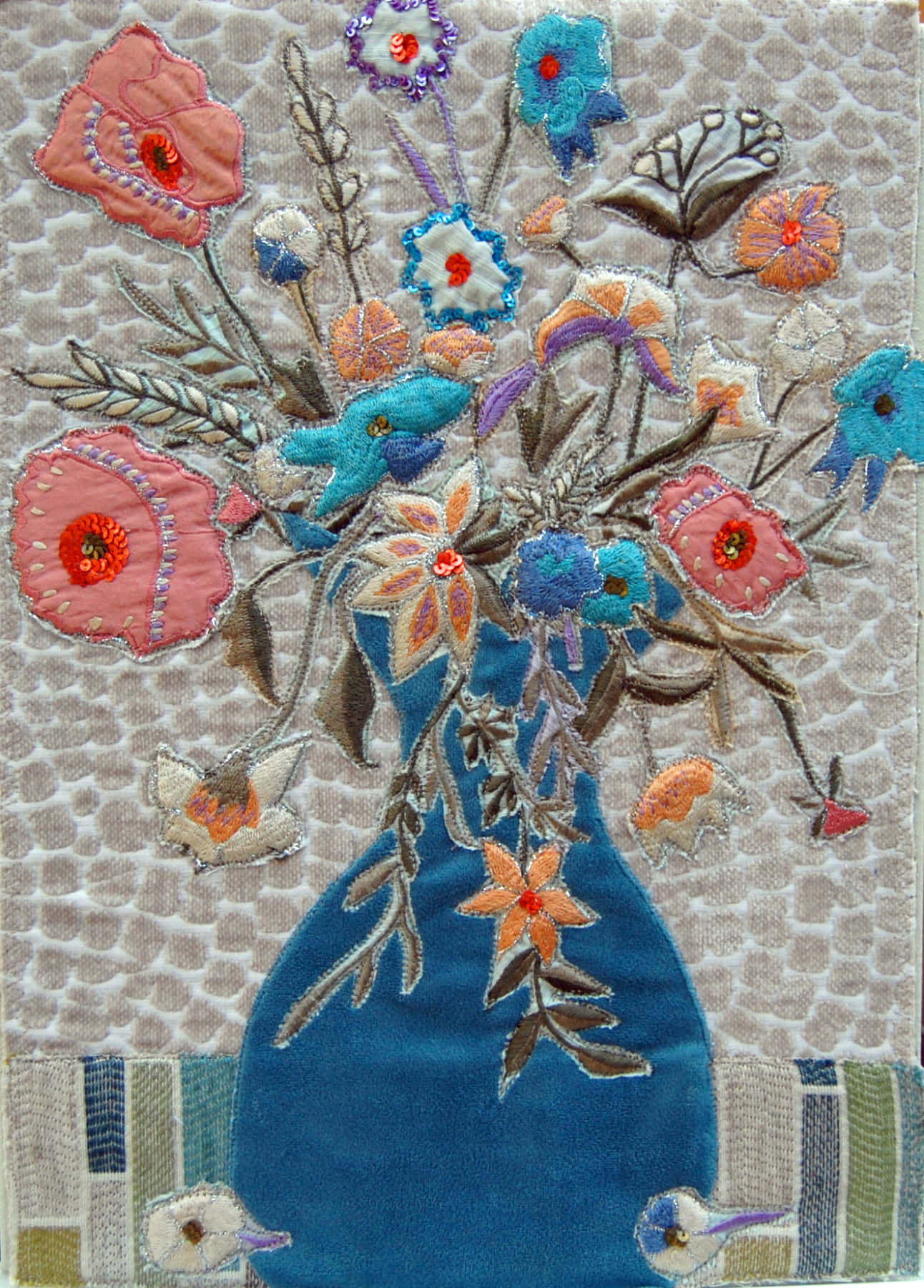 Bright and Bold Textile Art, blue vase, embroidered floral arrangement, HD Phone Wallpaper