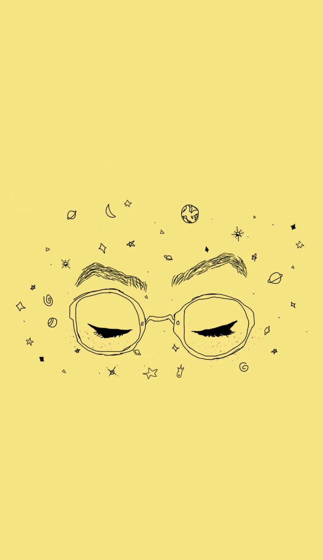 cosmic doodles, solid yellow background, minimalist black line drawing, Full HD Phone Wallpaper