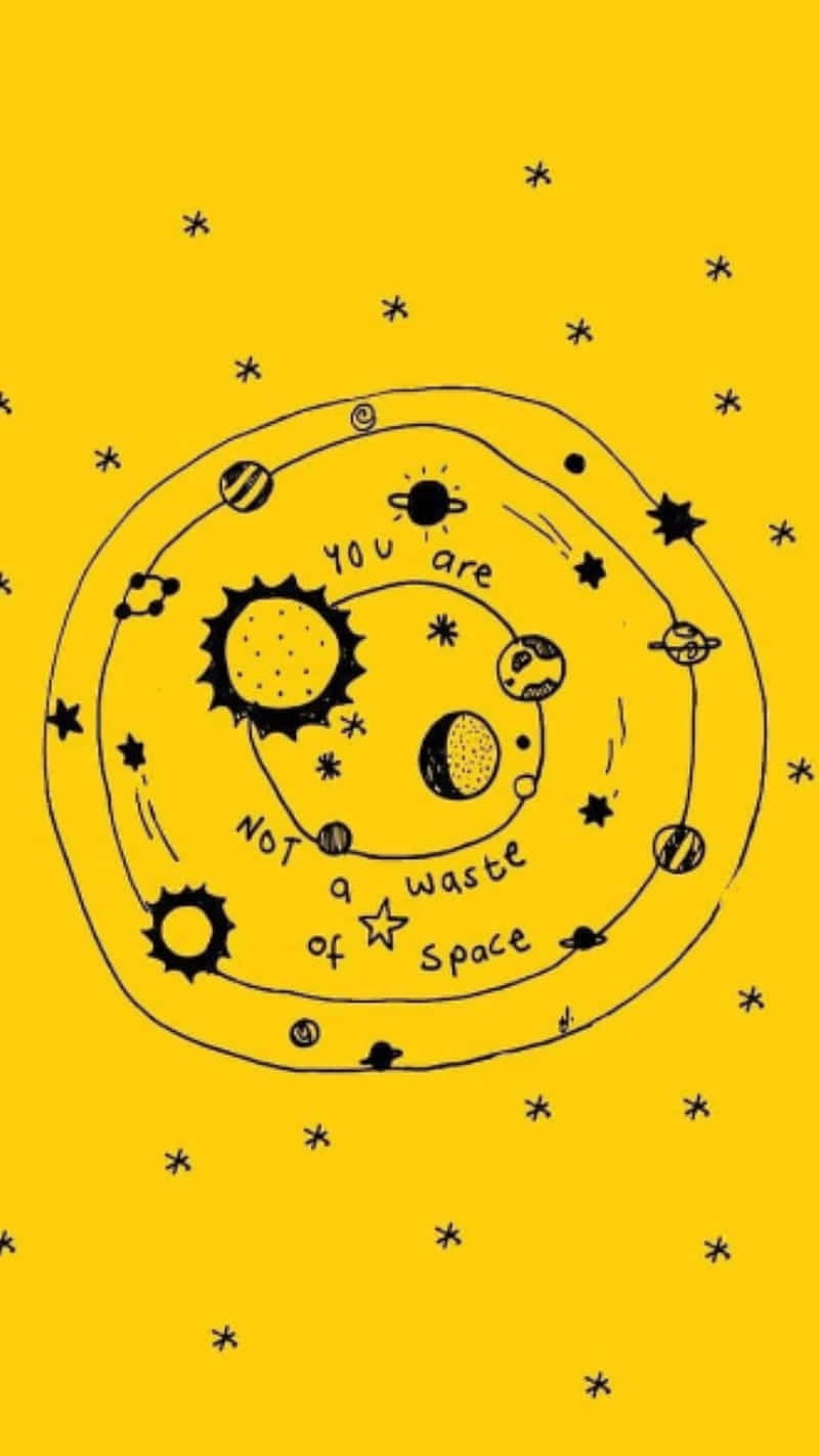 bright yellow background, hand-drawn solar system, planets and stars, HD Phone Wallpaper